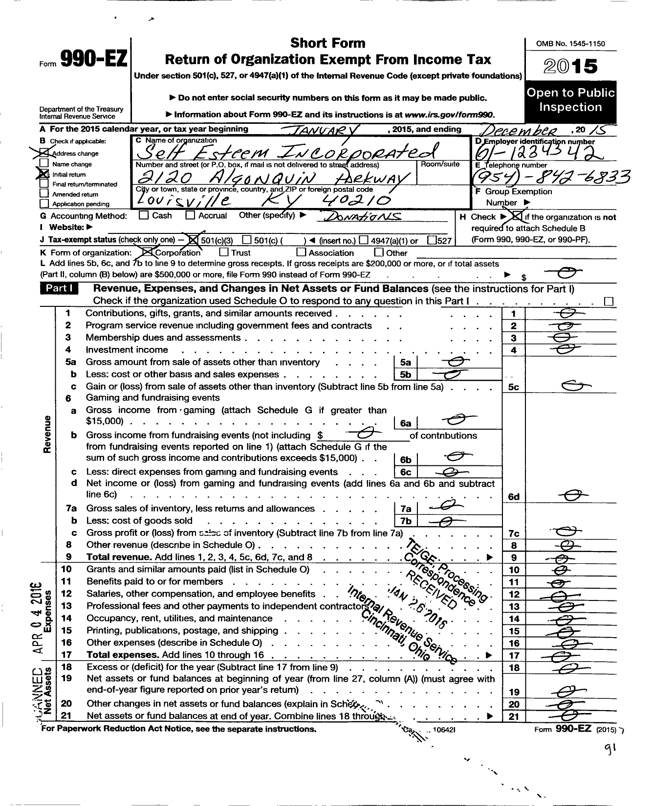 Image of first page of 2015 Form 990EZ for Self Esteem Incorporated