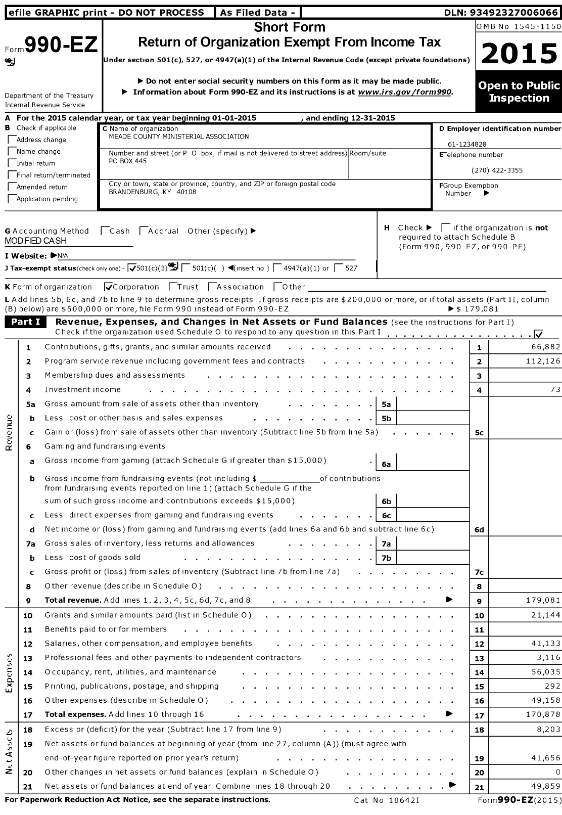 Image of first page of 2015 Form 990EZ for Meade County Ministerial Association