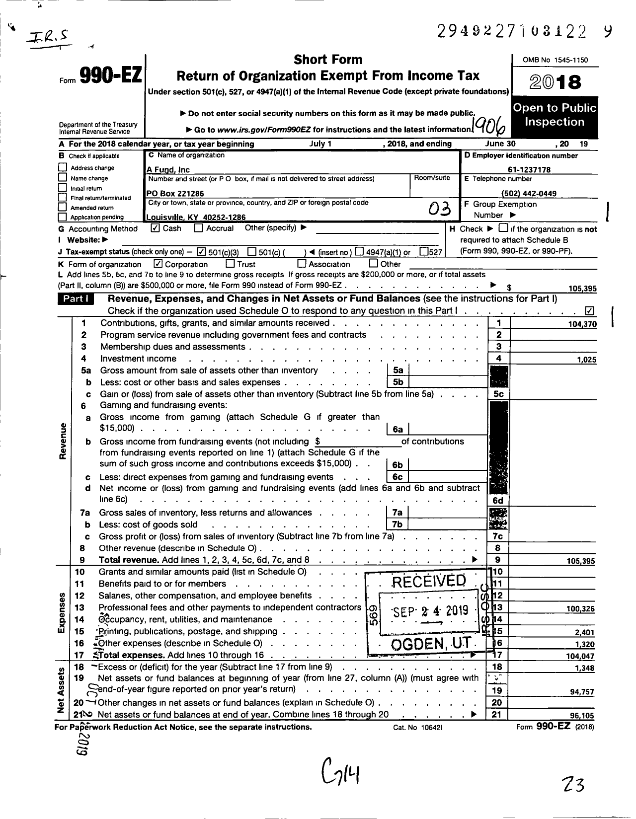 Image of first page of 2018 Form 990EZ for A Fund