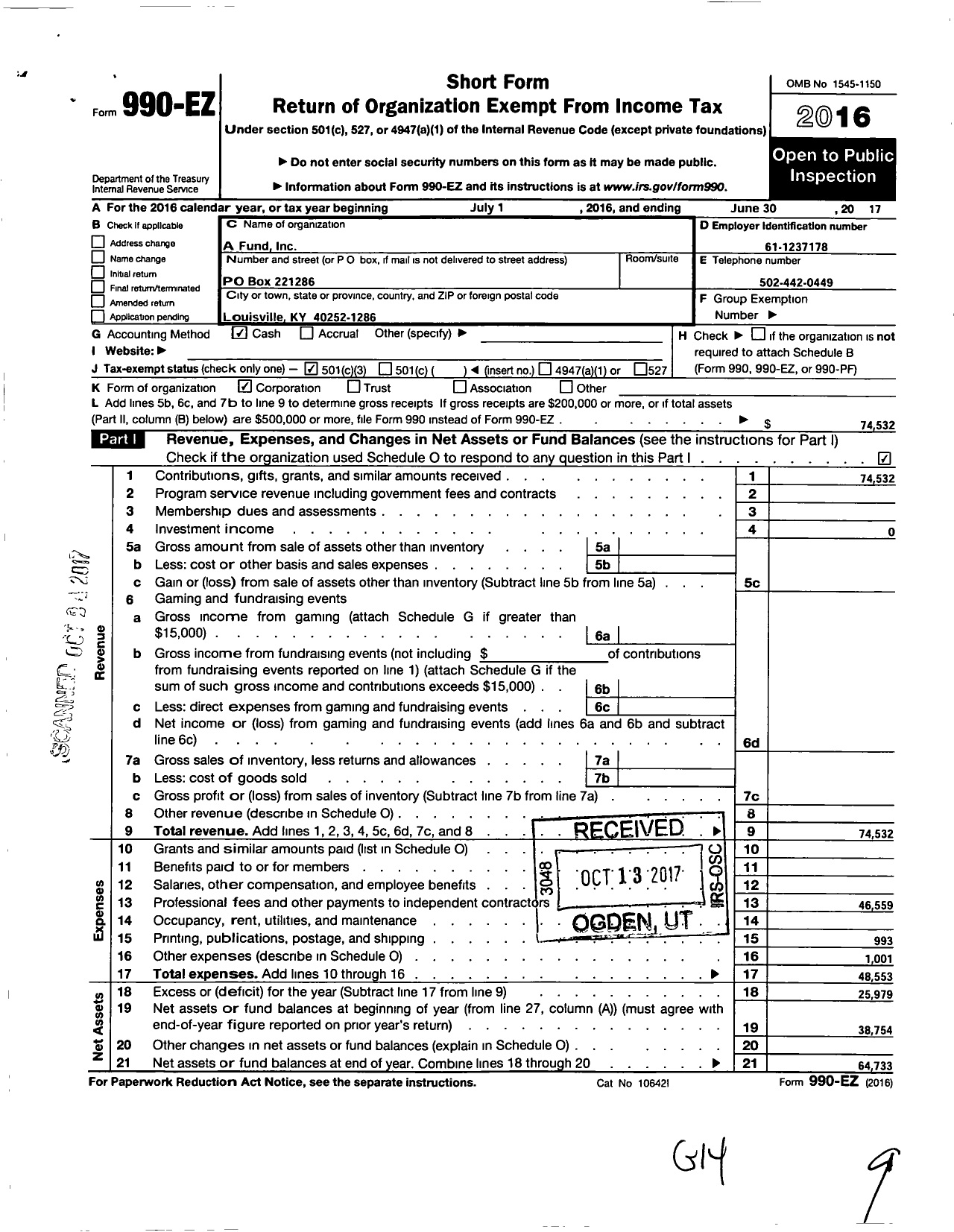Image of first page of 2016 Form 990EZ for A Fund