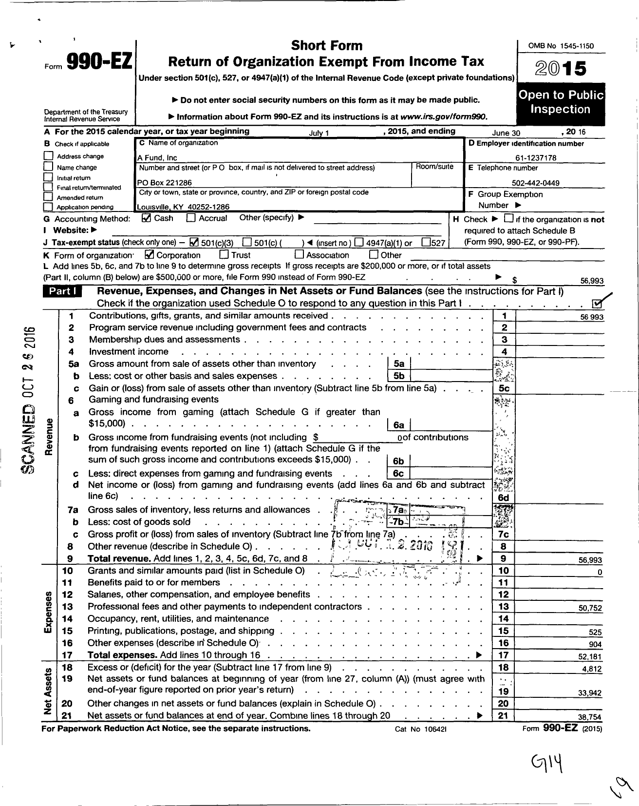 Image of first page of 2015 Form 990EZ for A Fund