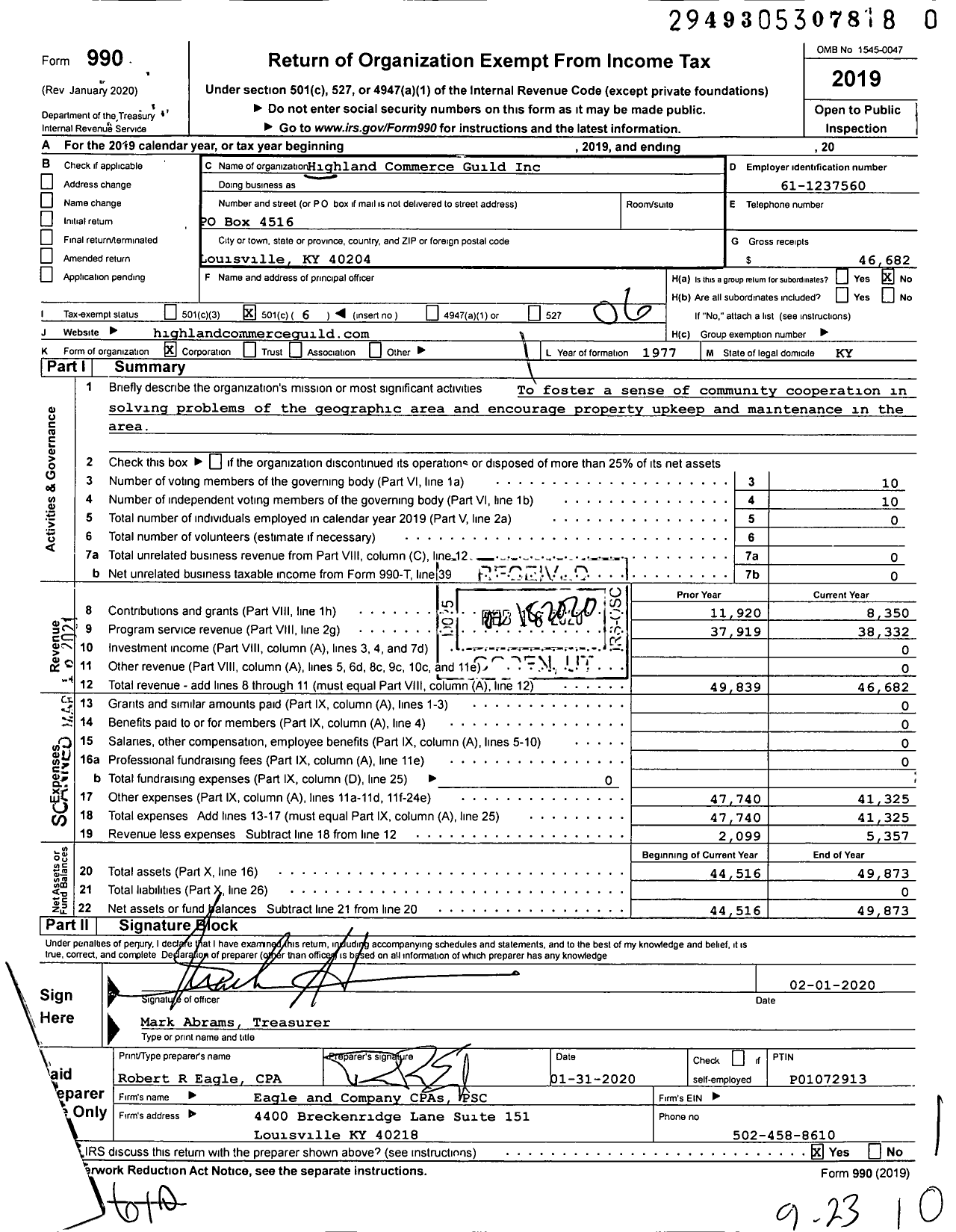 Image of first page of 2019 Form 990O for Highland Commerce Guild