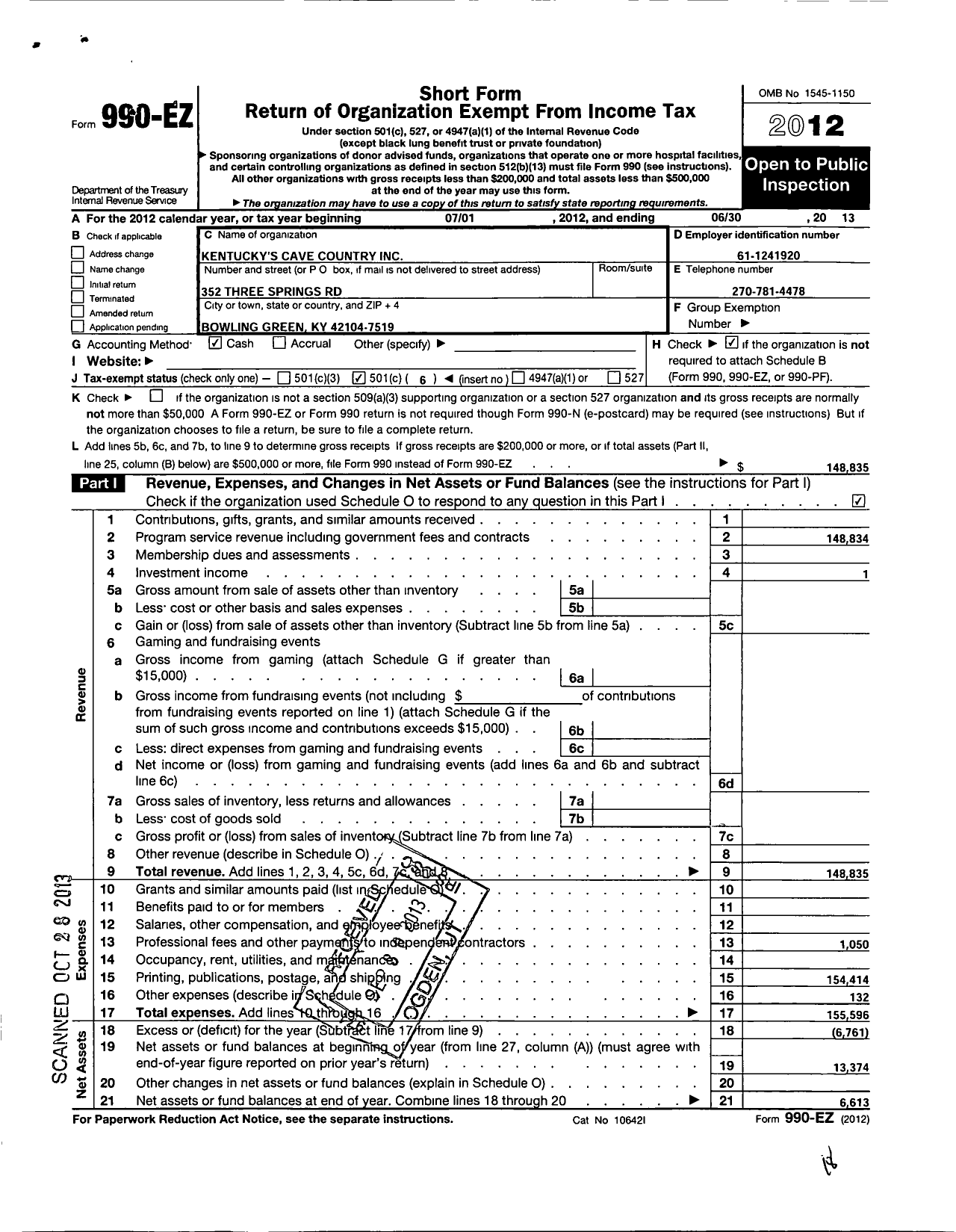 Image of first page of 2012 Form 990EO for Kentucky's Cave Country