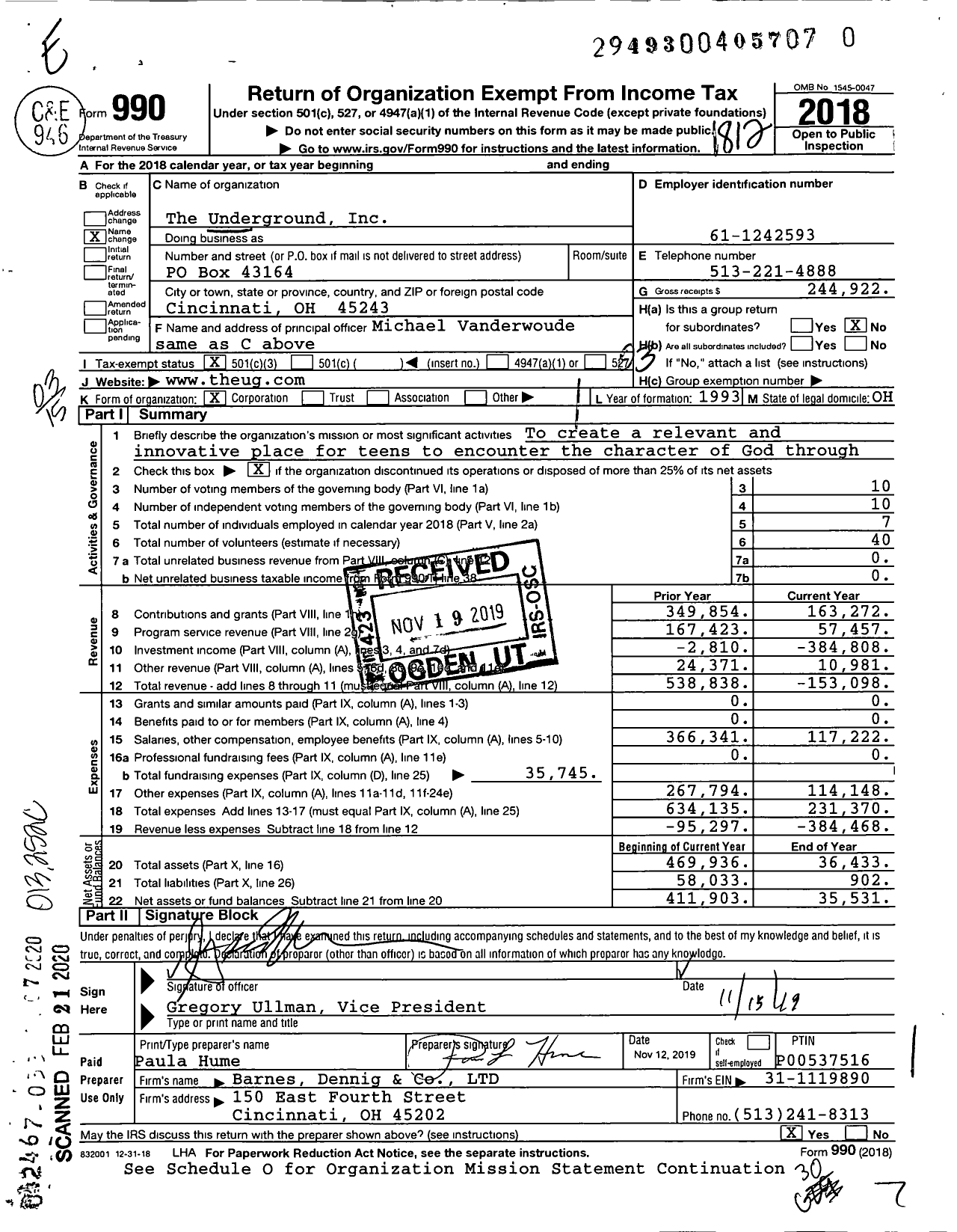 Image of first page of 2018 Form 990 for The Underground