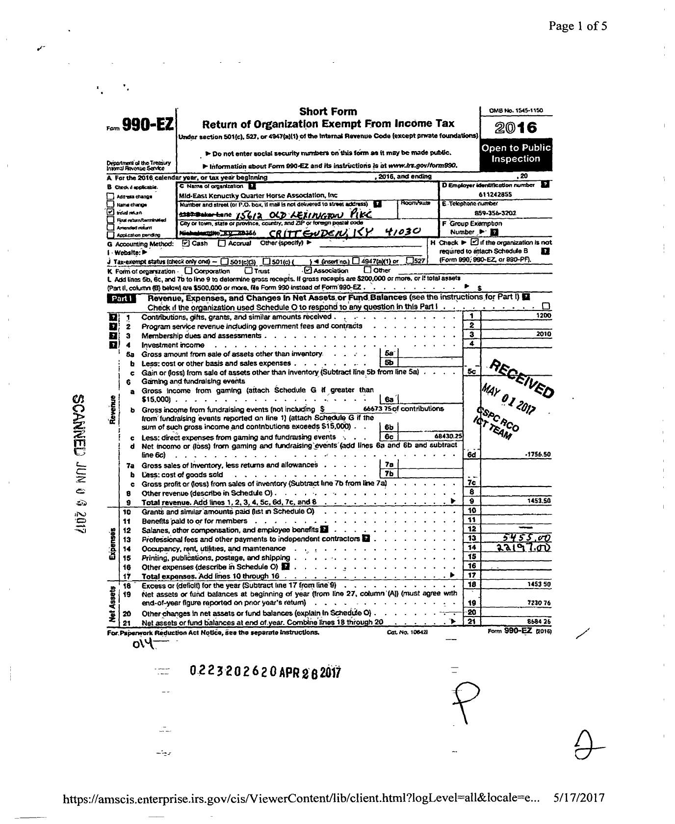 Image of first page of 2016 Form 990EO for Mid-East Kentucky Quarter Horse Association