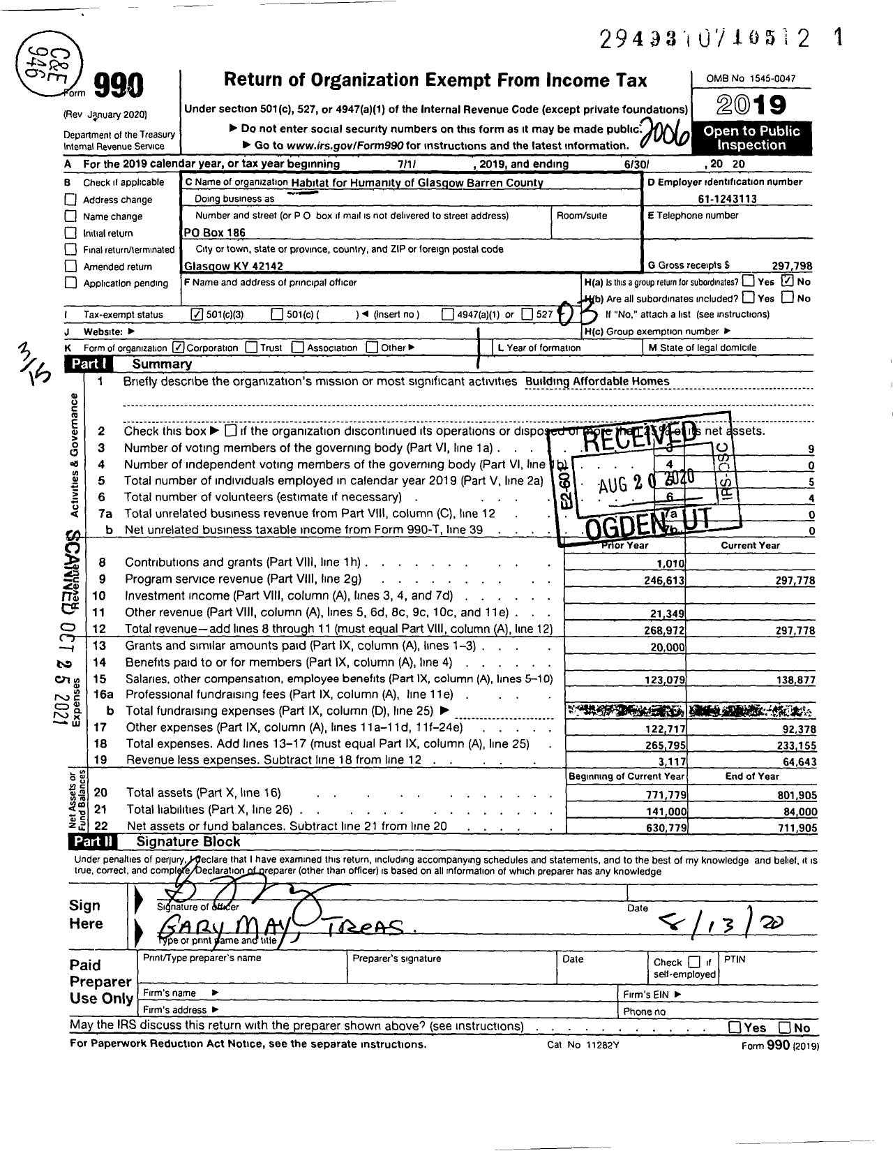 Image of first page of 2019 Form 990 for Habitat for Humanity - Habitat for Humanity of Glasgow Barren County