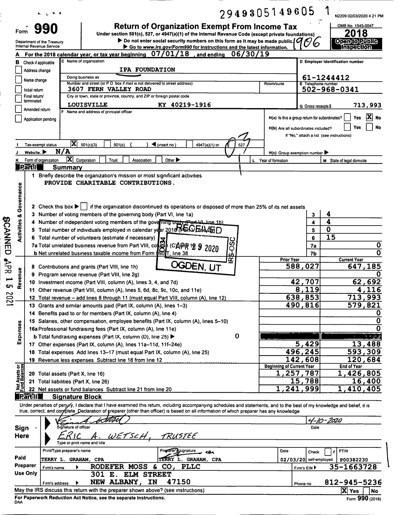 Image of first page of 2018 Form 990 for Ipa Foundation / Daniel W Bradley