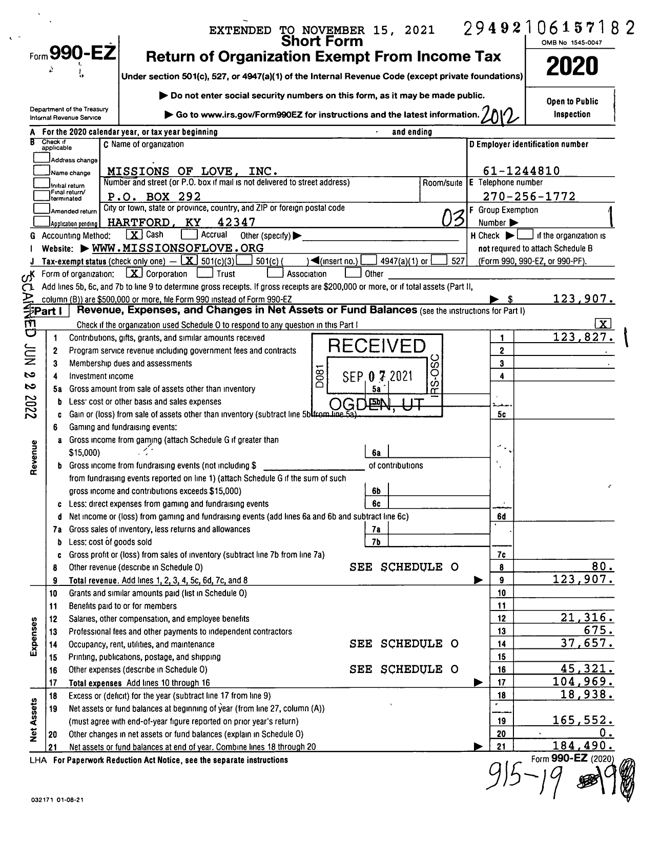 Image of first page of 2020 Form 990EZ for Missions of Love