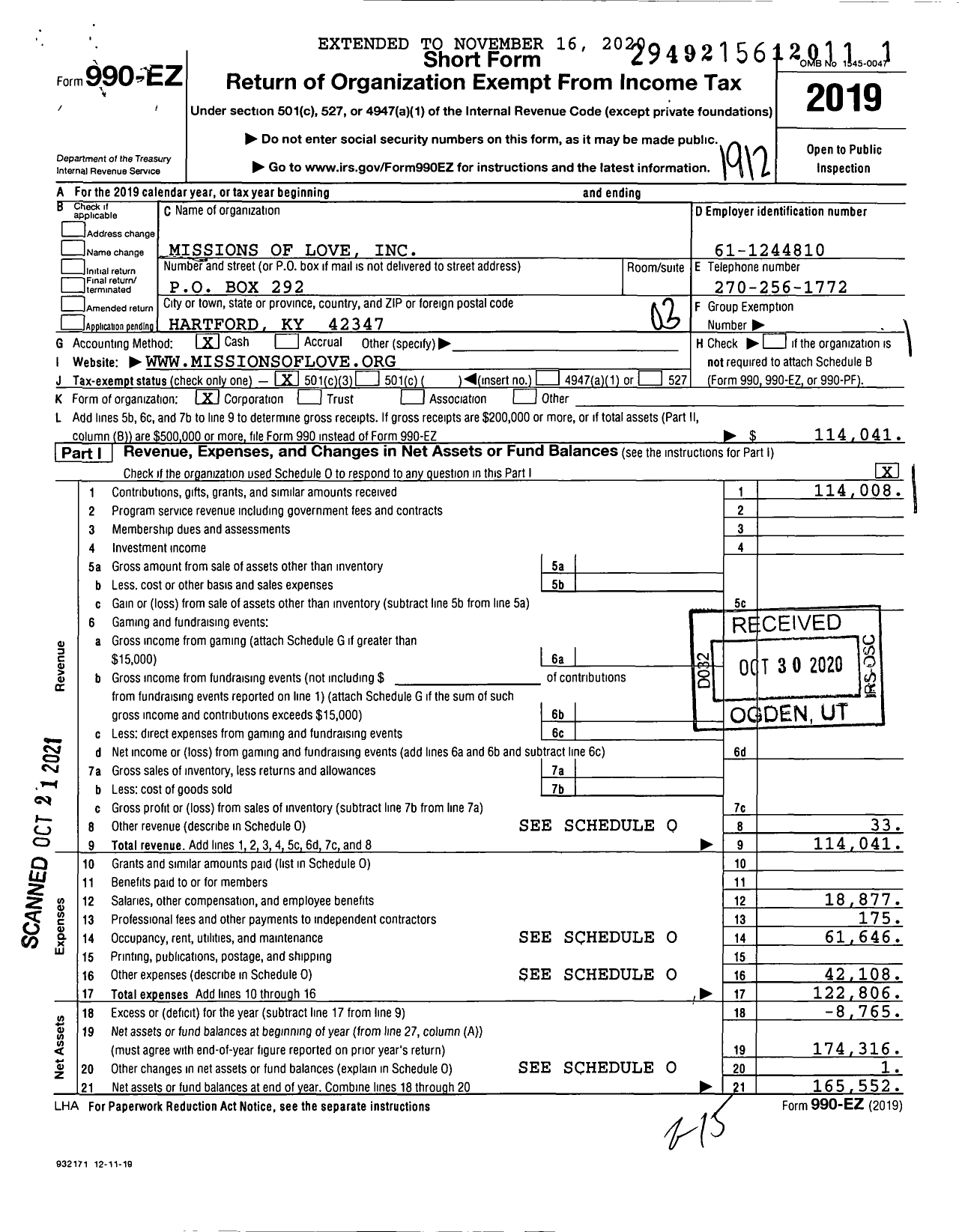 Image of first page of 2019 Form 990EZ for Missions of Love