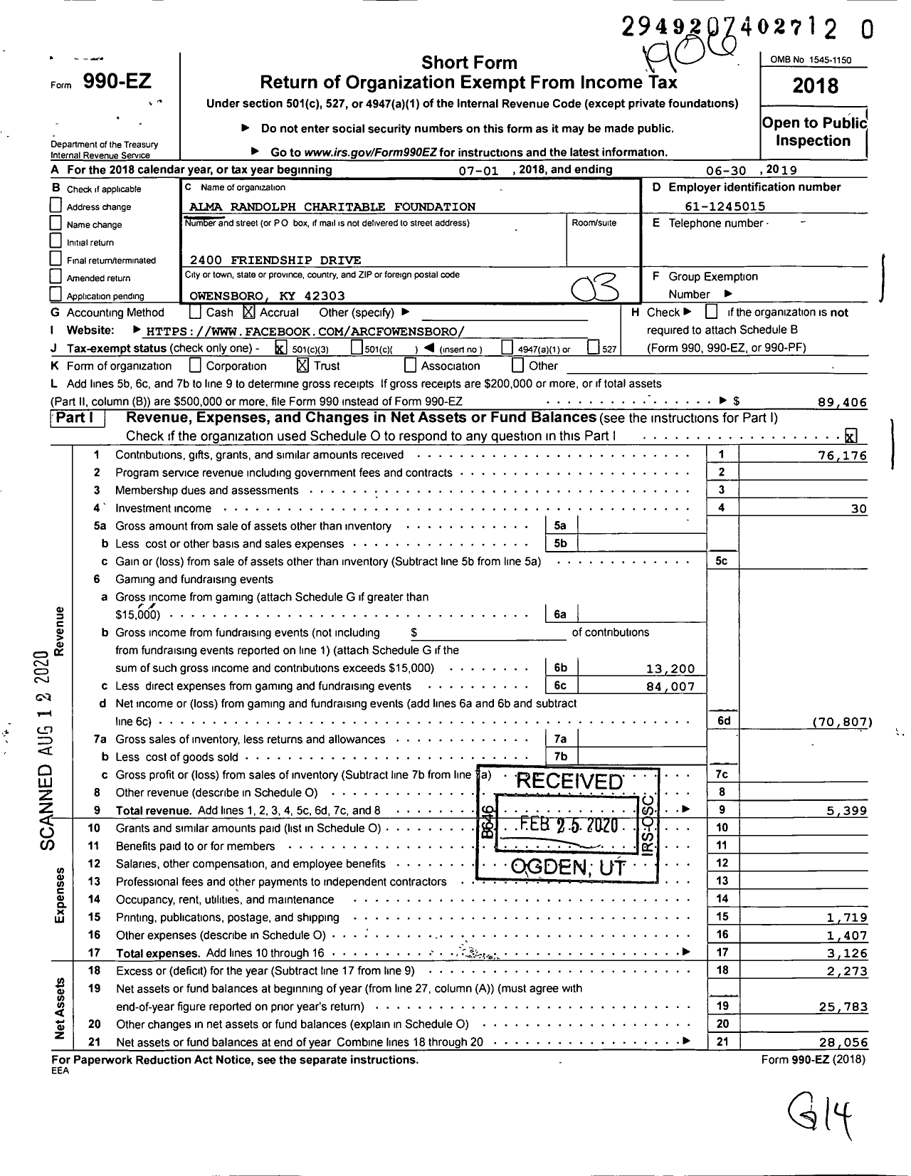Image of first page of 2018 Form 990EZ for Alma Randolph Charitable Foundation