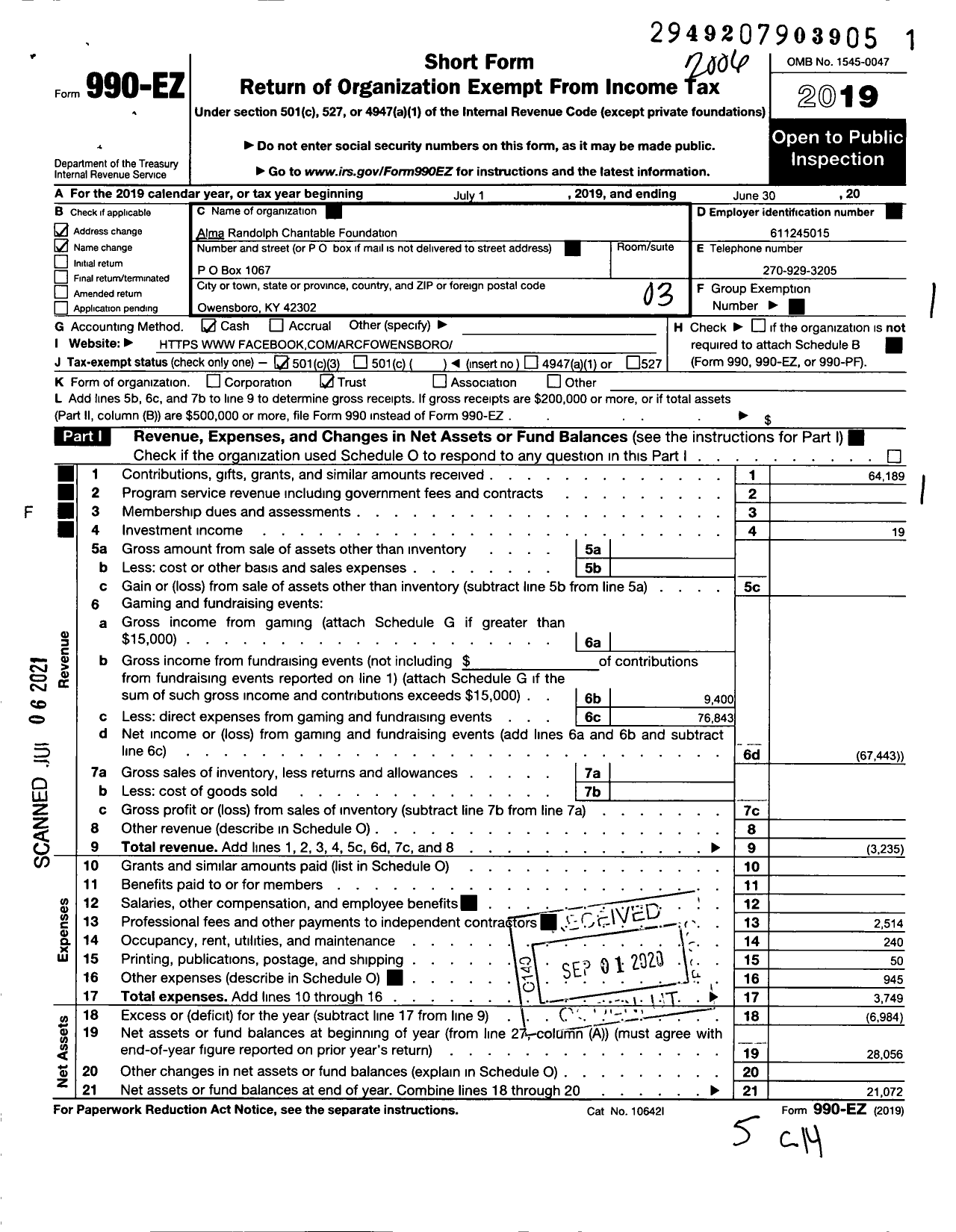 Image of first page of 2019 Form 990EZ for Alma Randolph Charitable Foundation