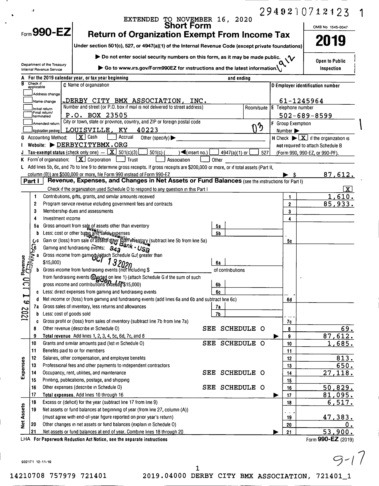 Image of first page of 2019 Form 990EZ for Derby City BMX Association