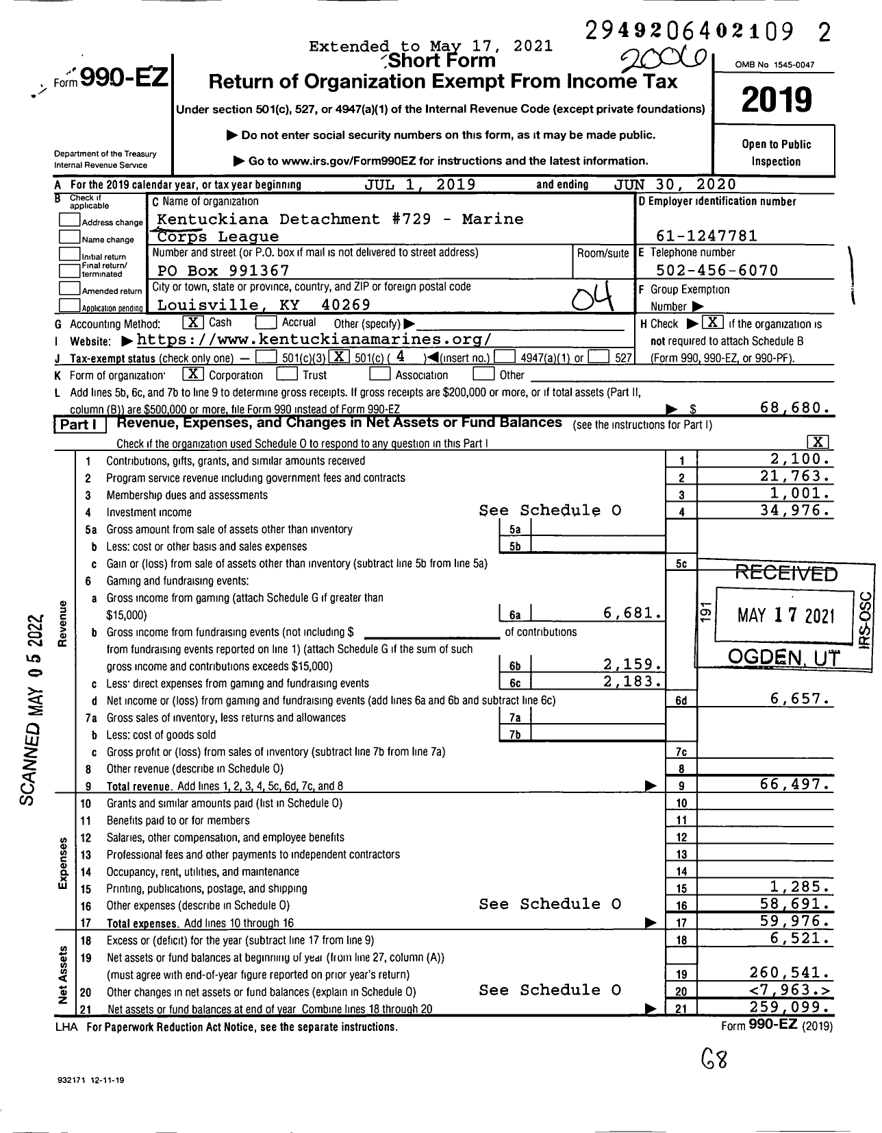 Image of first page of 2019 Form 990EO for Marine Corps League - 729 MCL Kentuckiana Det