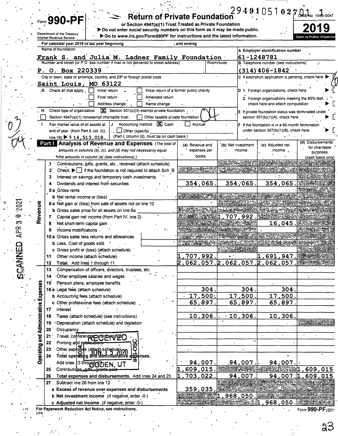 Image of first page of 2019 Form 990PF for Frank S and Julia M Ladner Family Foundation