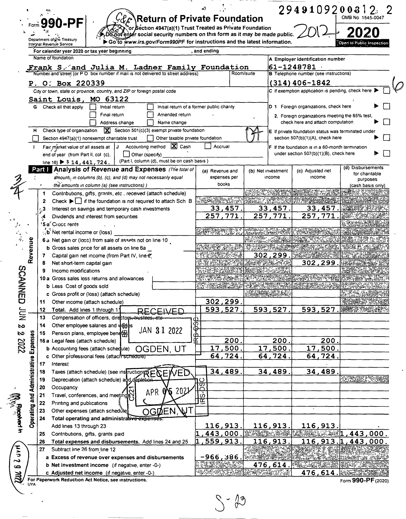 Image of first page of 2020 Form 990PF for Frank S and Julia M Ladner Family Foundation