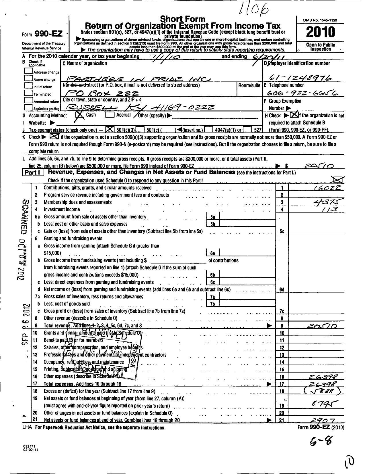 Image of first page of 2010 Form 990EZ for Partners in Pride