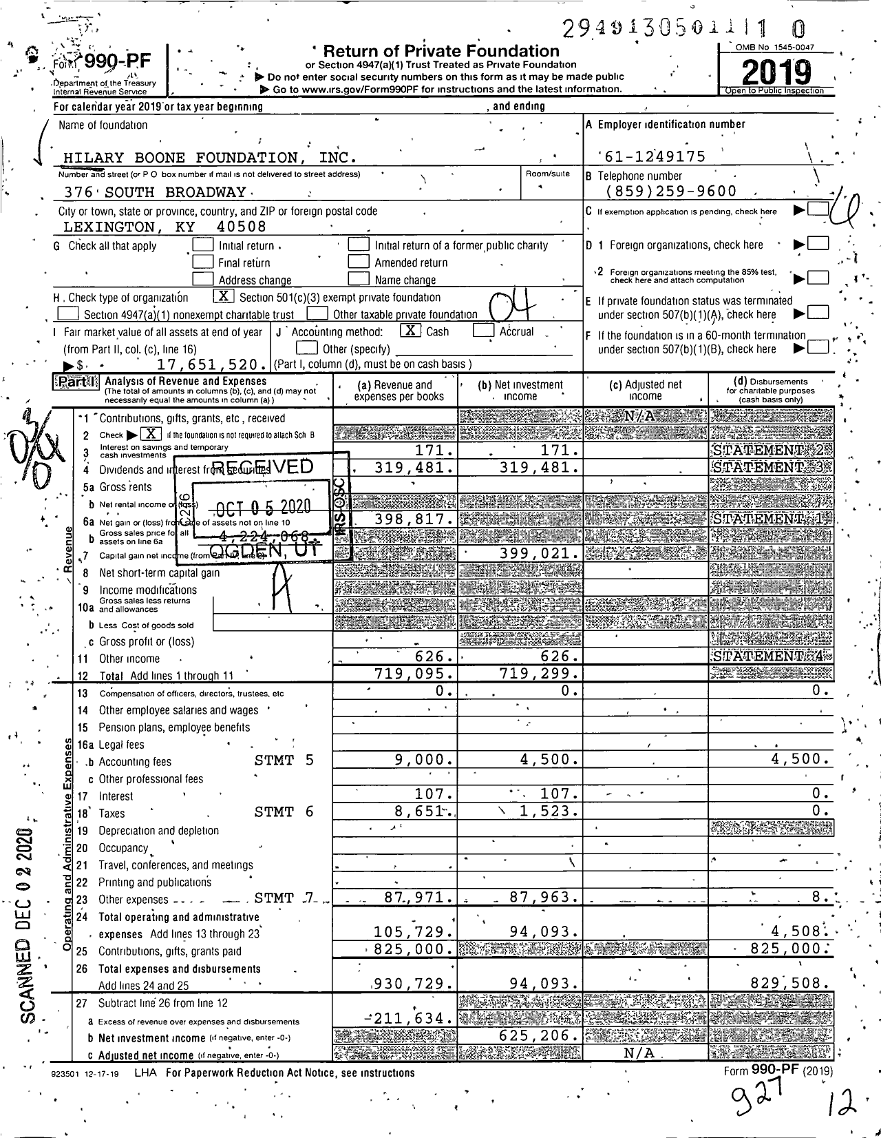 Image of first page of 2019 Form 990PF for Hilary Boone Foundation