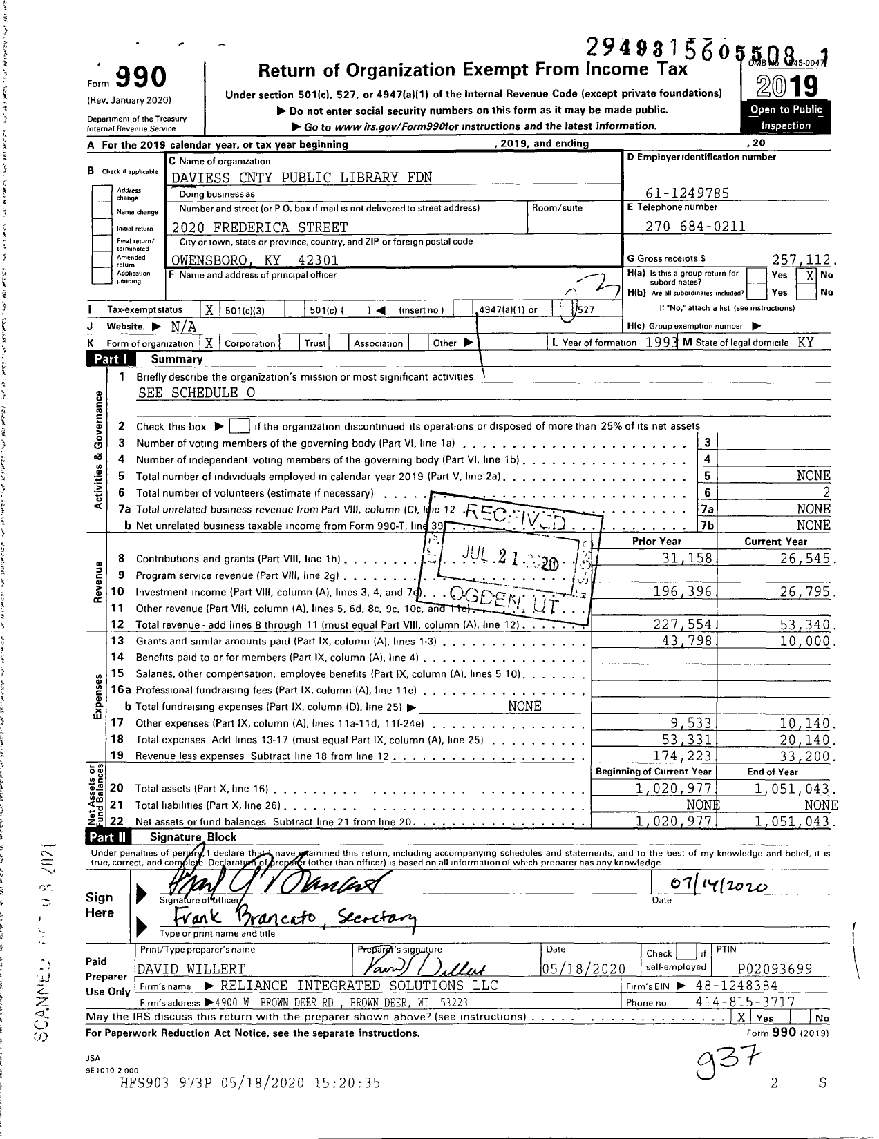 Image of first page of 2019 Form 990 for Daviess County Public Library Foundation