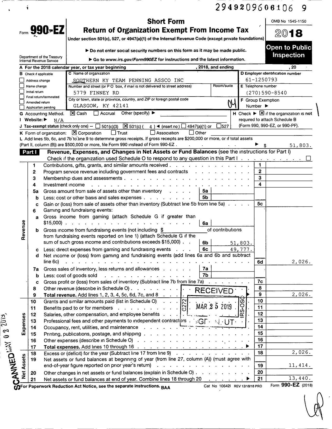 Image of first page of 2018 Form 990EO for Southern Ky Team Penning Assco