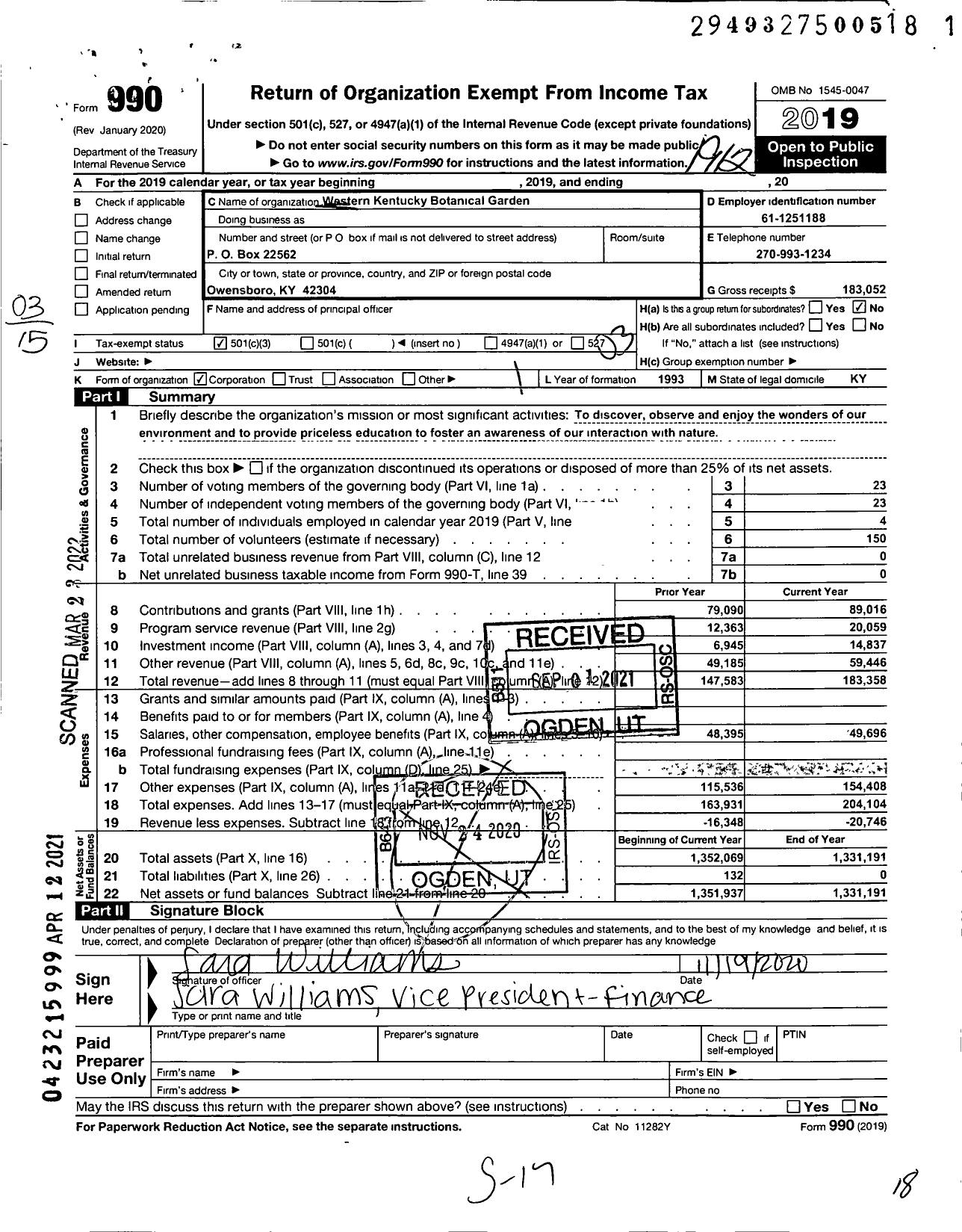 Image of first page of 2019 Form 990 for Western Kentucky Botanical Gardens