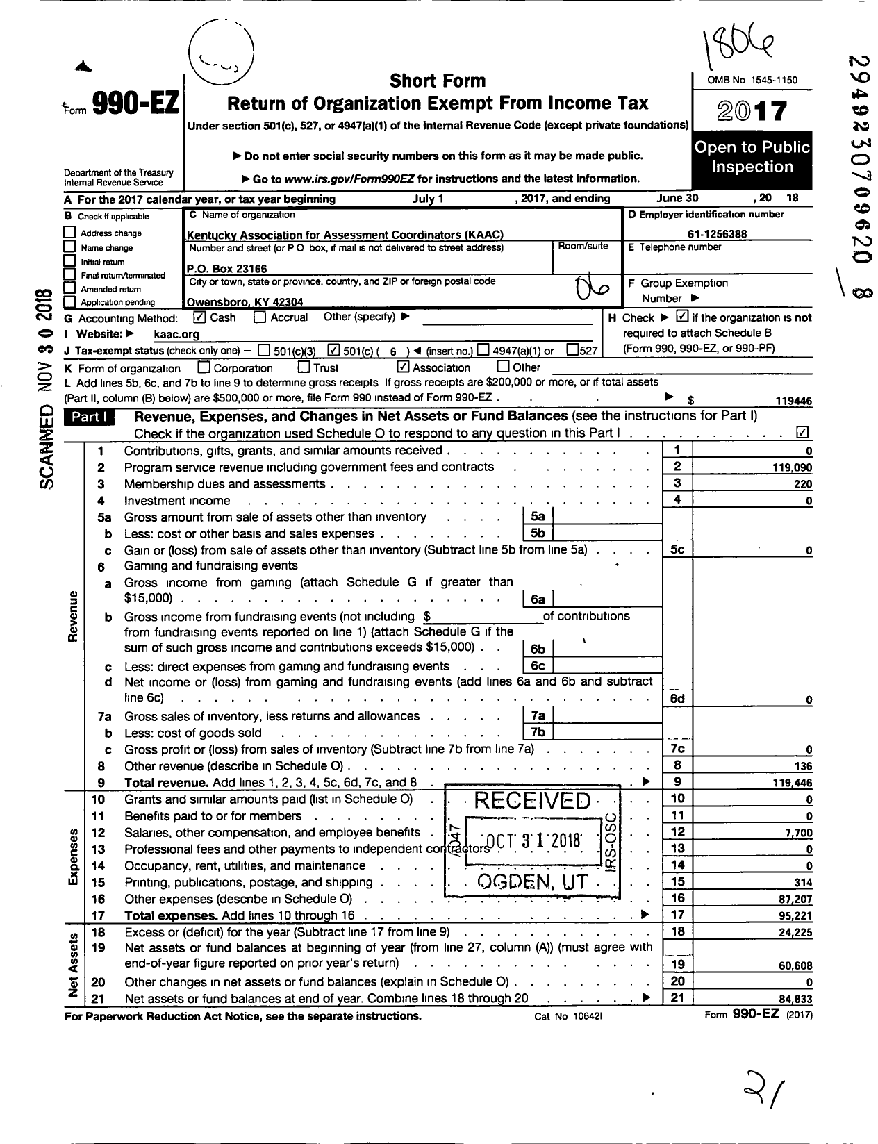 Image of first page of 2017 Form 990EO for Kentucky Association for Assessment Coordinators (KAAC)