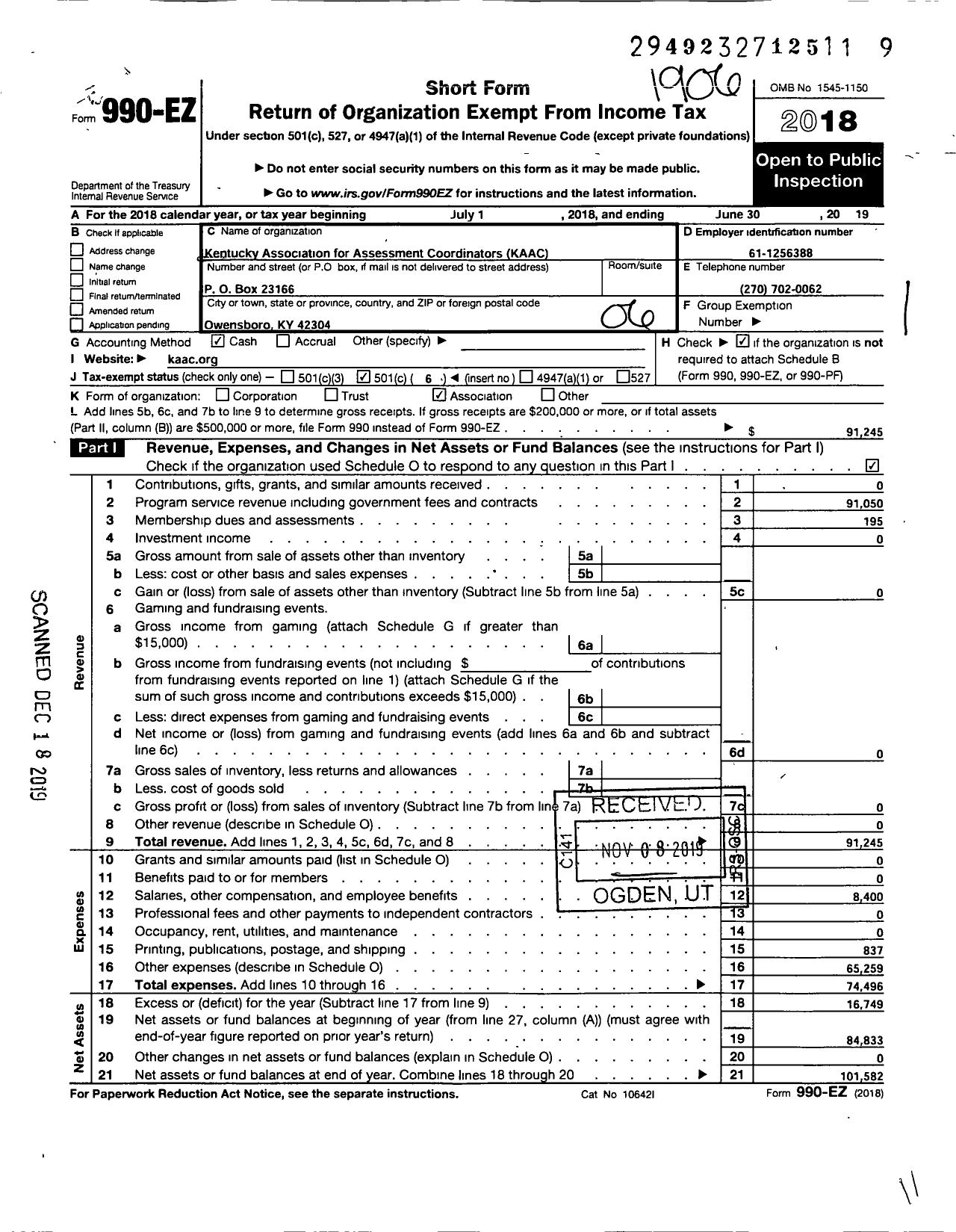 Image of first page of 2018 Form 990EO for Kentucky Association for Assessment Coordinators (KAAC)