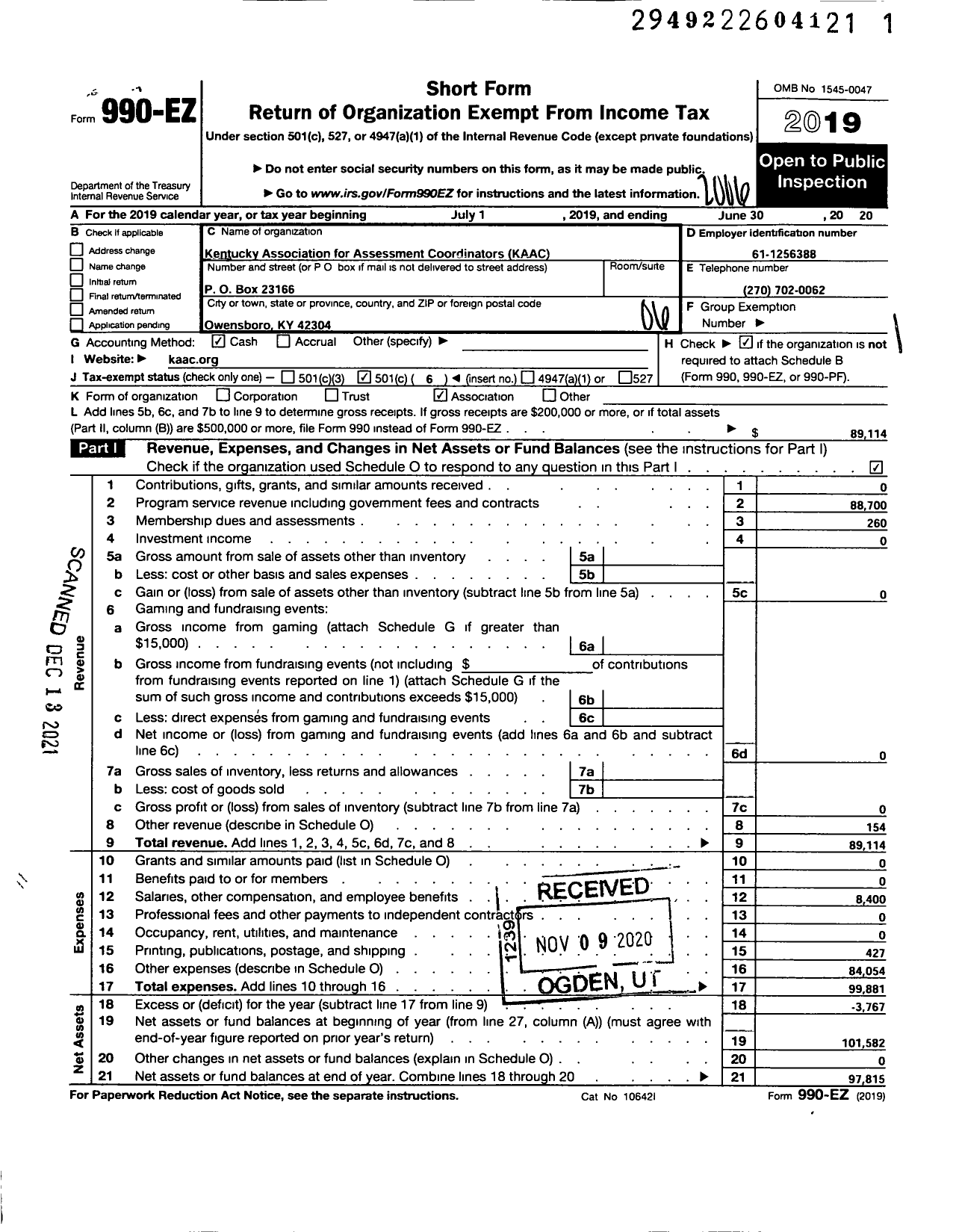 Image of first page of 2019 Form 990EO for Kentucky Association for Assessment Coordinators (KAAC)