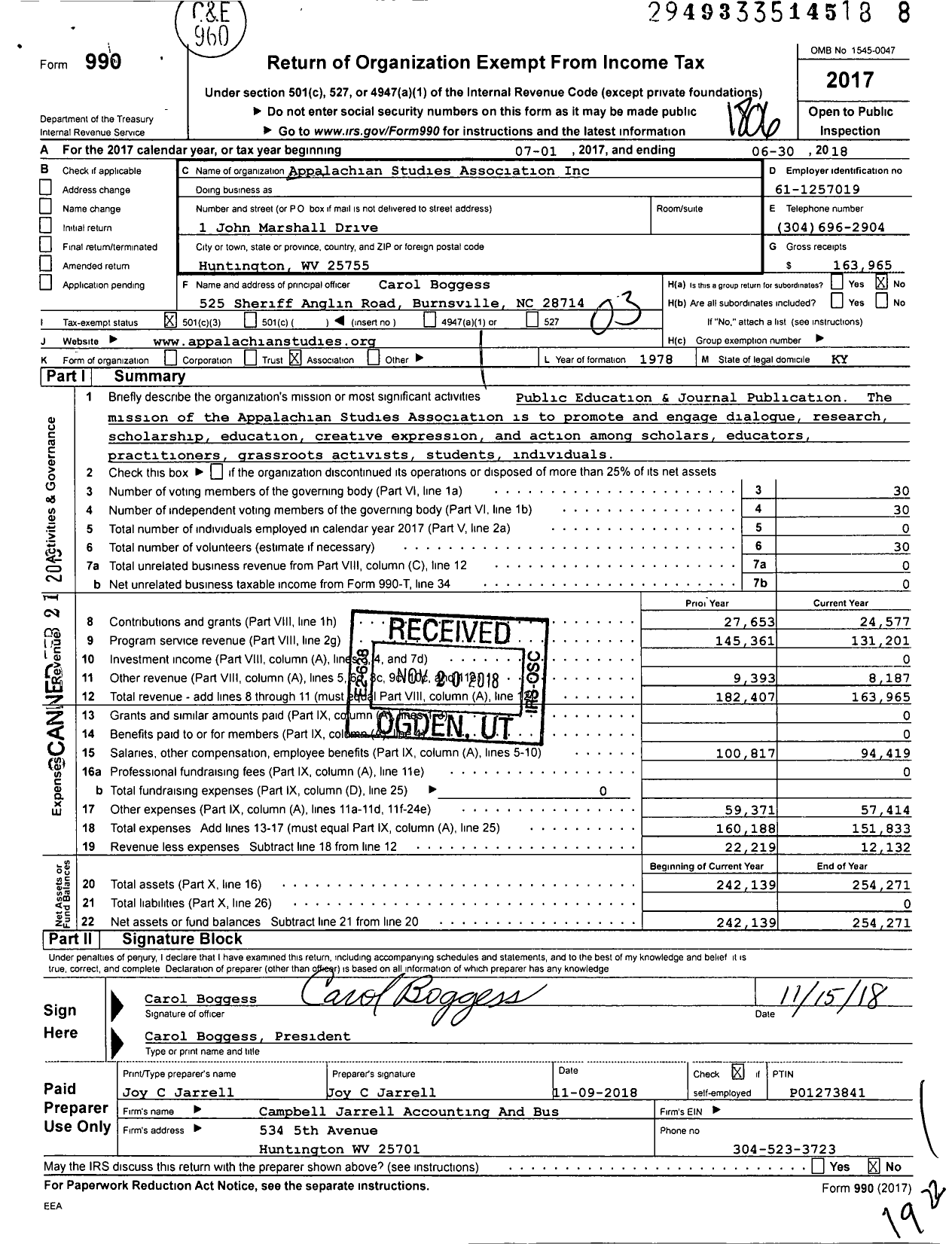 Image of first page of 2017 Form 990 for Appalachian Studies Association