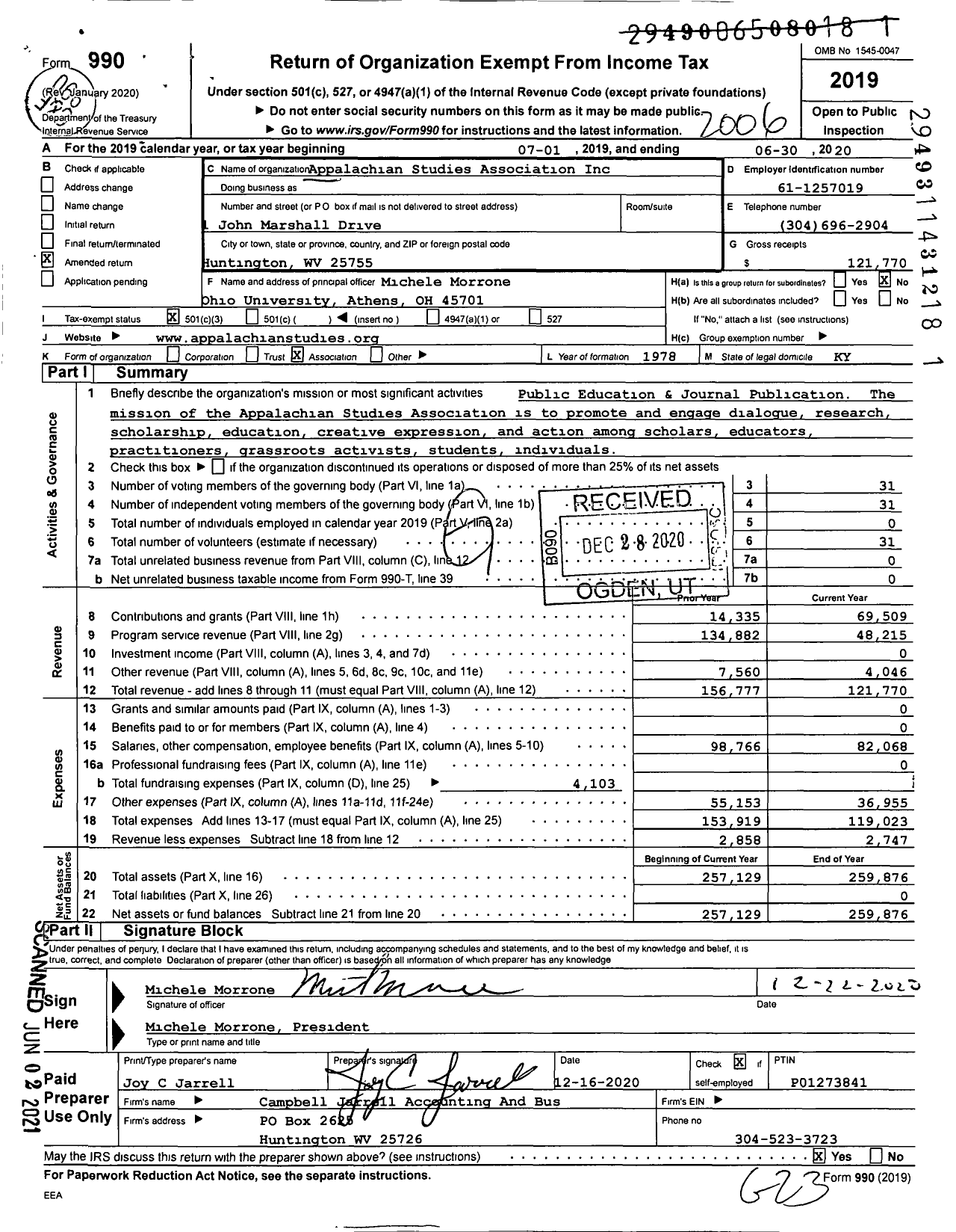 Image of first page of 2019 Form 990 for Appalachian Studies Association