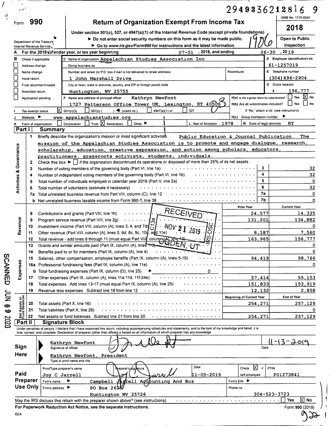 Image of first page of 2018 Form 990 for Appalachian Studies Association