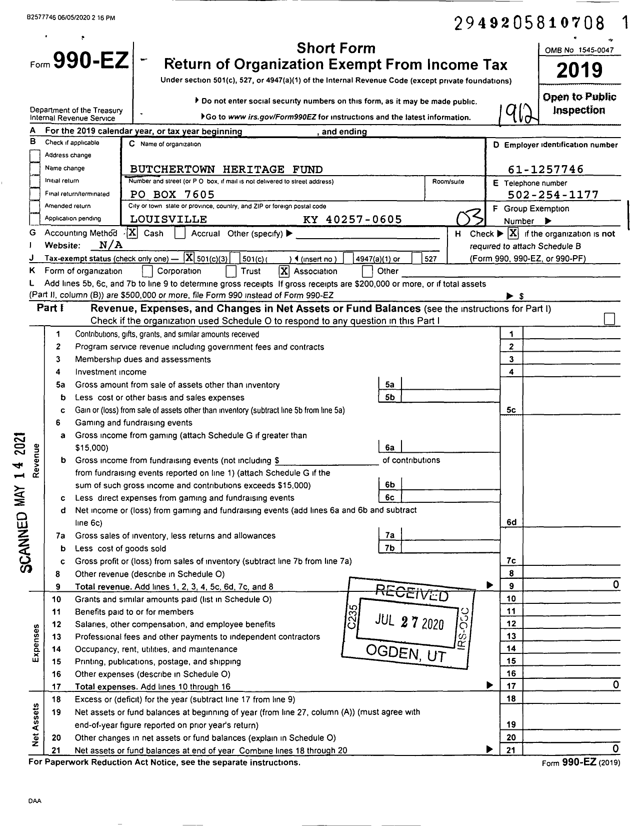 Image of first page of 2019 Form 990EZ for Butchertown Heritage Fund