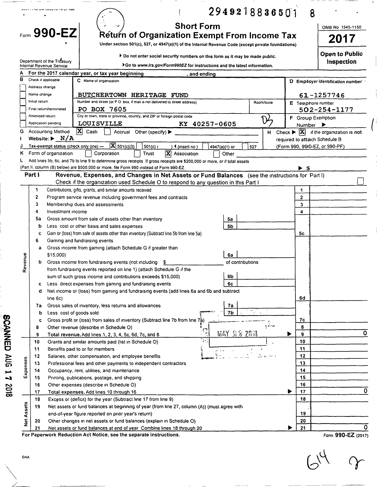 Image of first page of 2017 Form 990EZ for Butchertown Heritage Fund