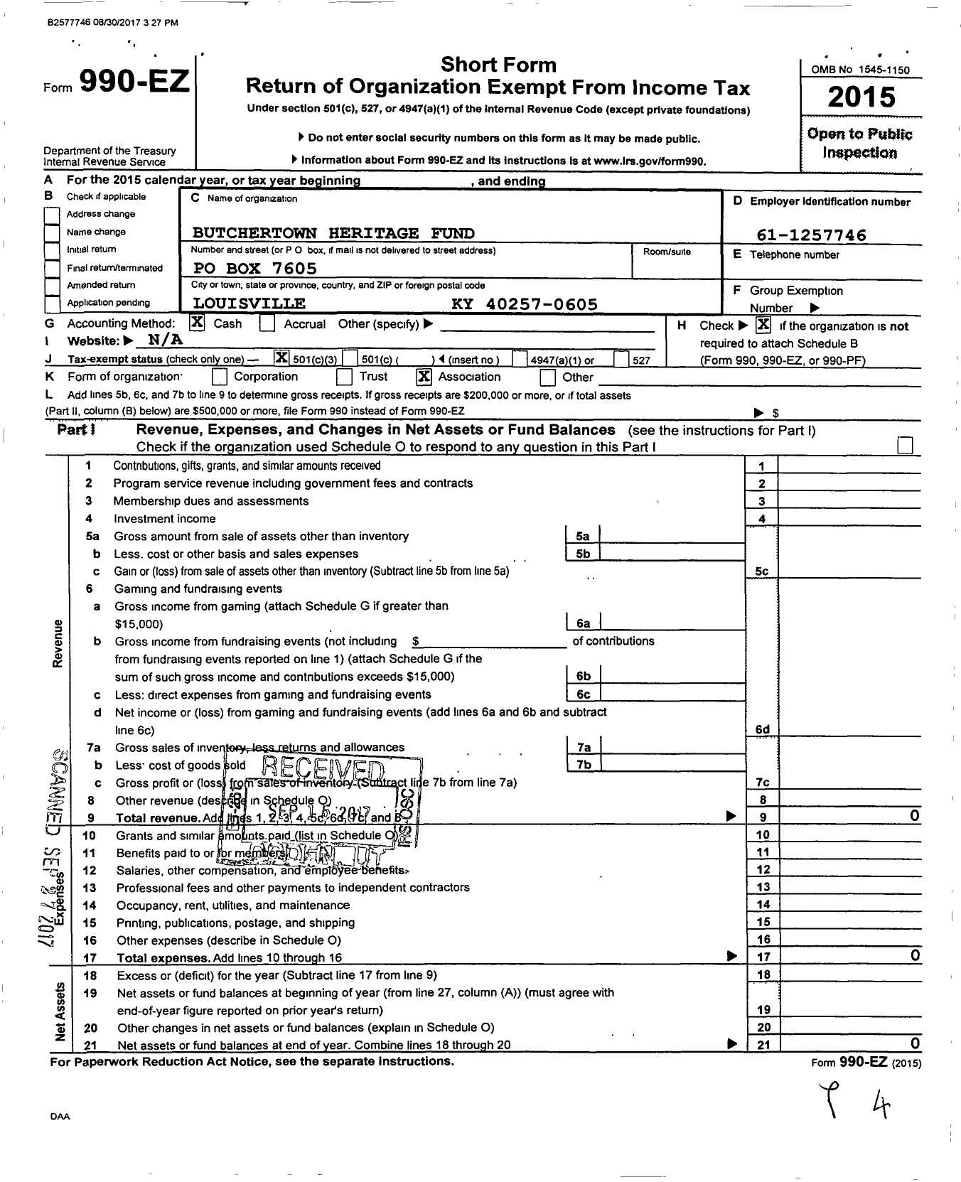 Image of first page of 2015 Form 990EZ for Butchertown Heritage Fund