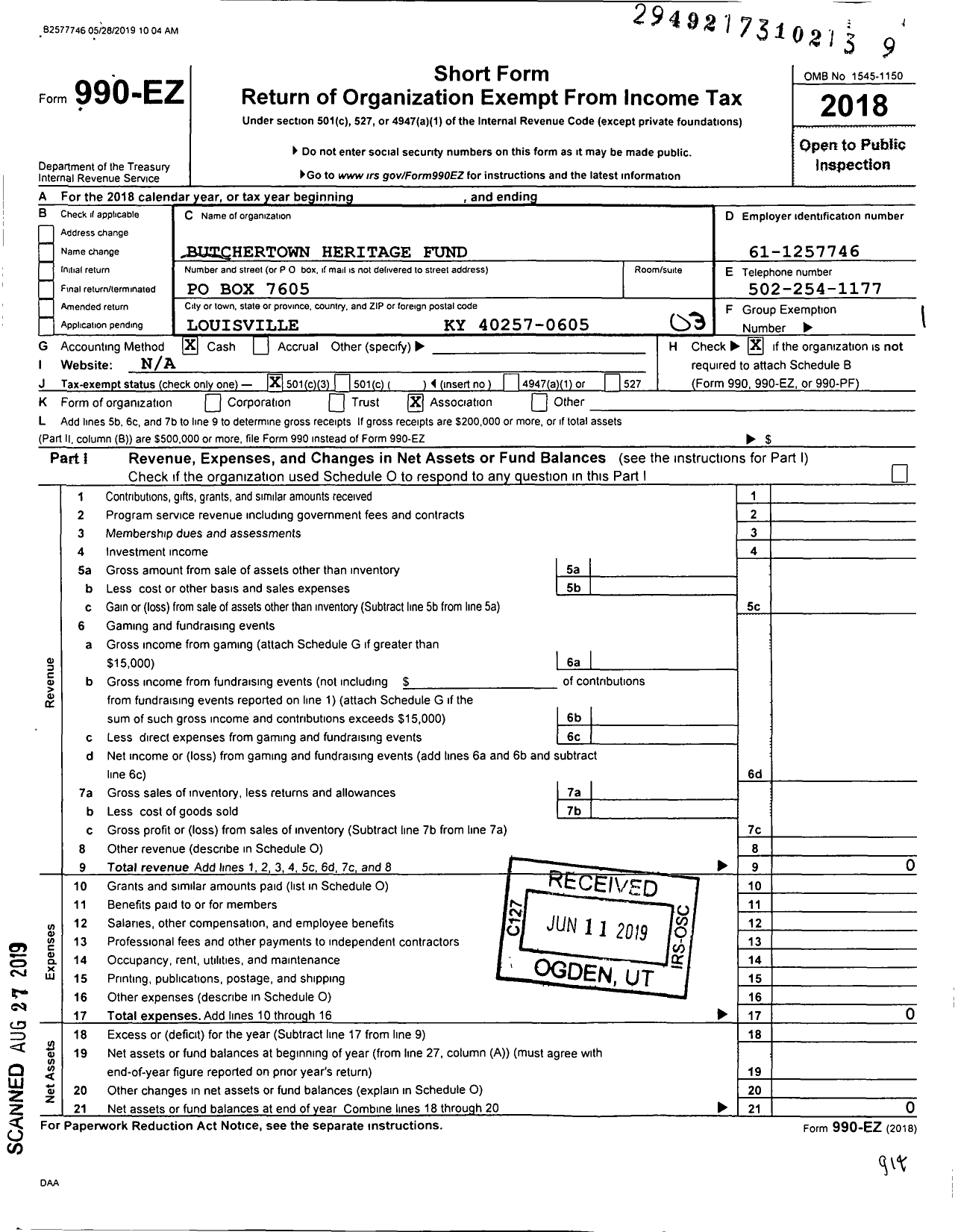 Image of first page of 2018 Form 990EZ for Butchertown Heritage Fund