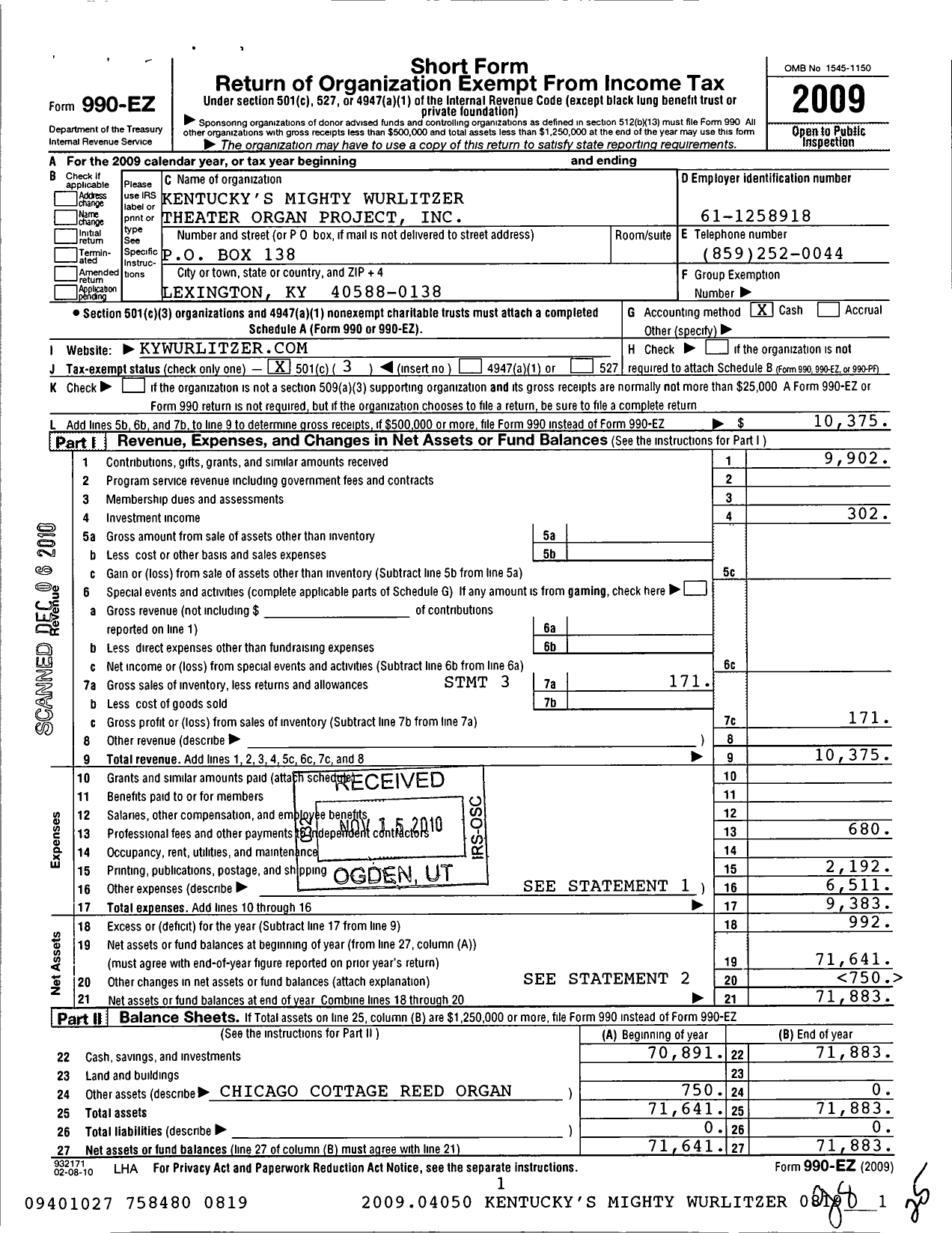 Image of first page of 2009 Form 990EZ for Kentucky's Mighty Wurlitzer Theater Organ Project