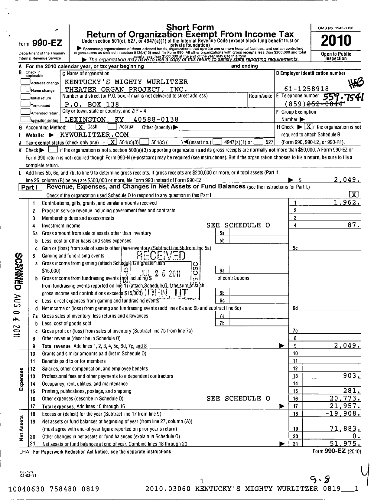 Image of first page of 2010 Form 990EZ for Kentucky's Mighty Wurlitzer Theater Organ Project