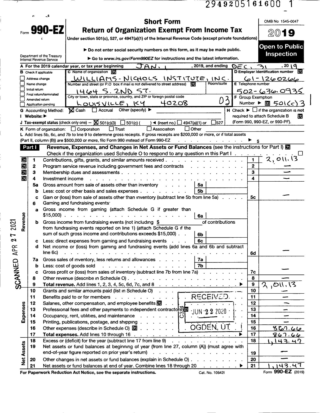 Image of first page of 2019 Form 990EZ for Williams-Nichols Institute