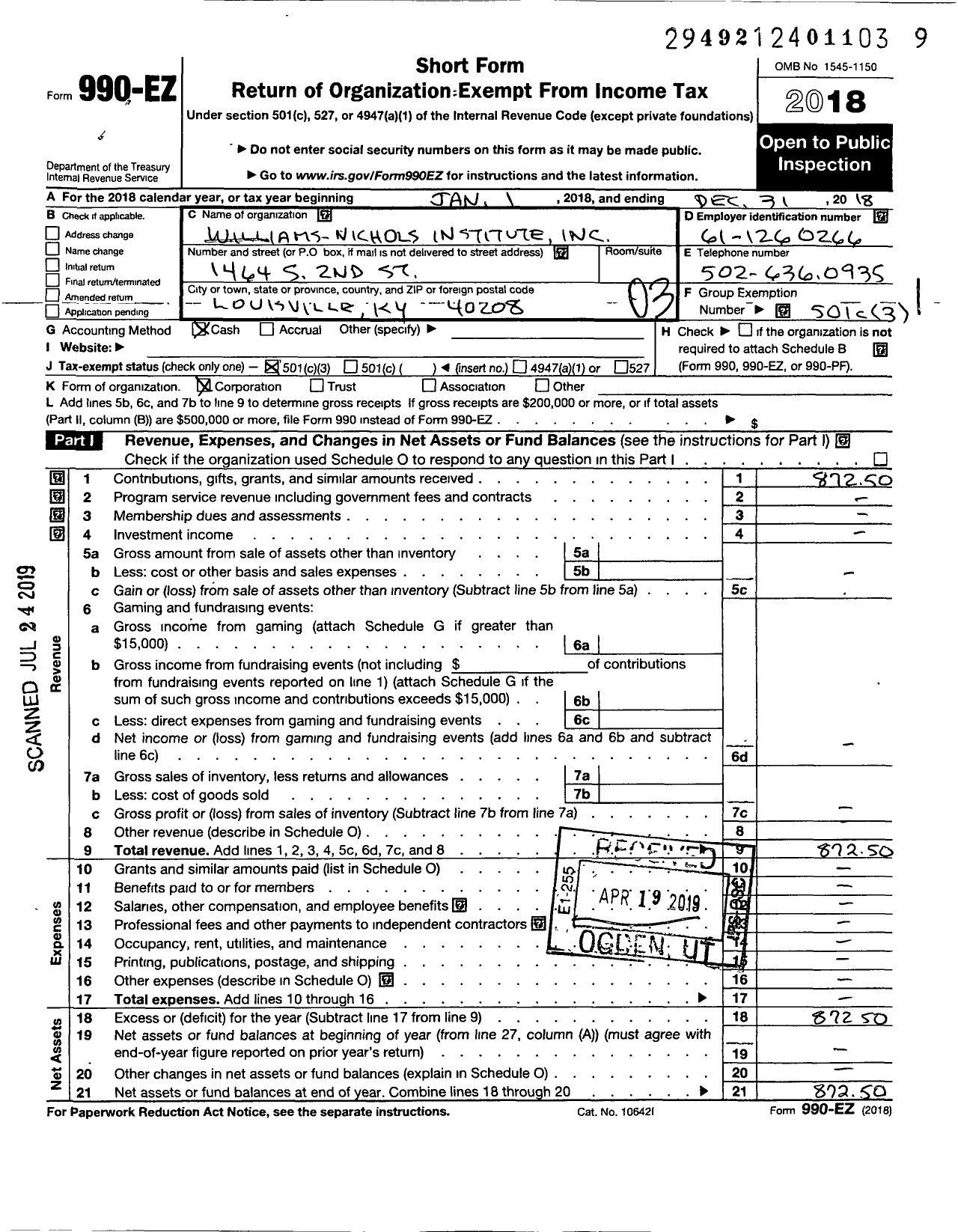 Image of first page of 2018 Form 990EZ for Williams-Nichols Institute