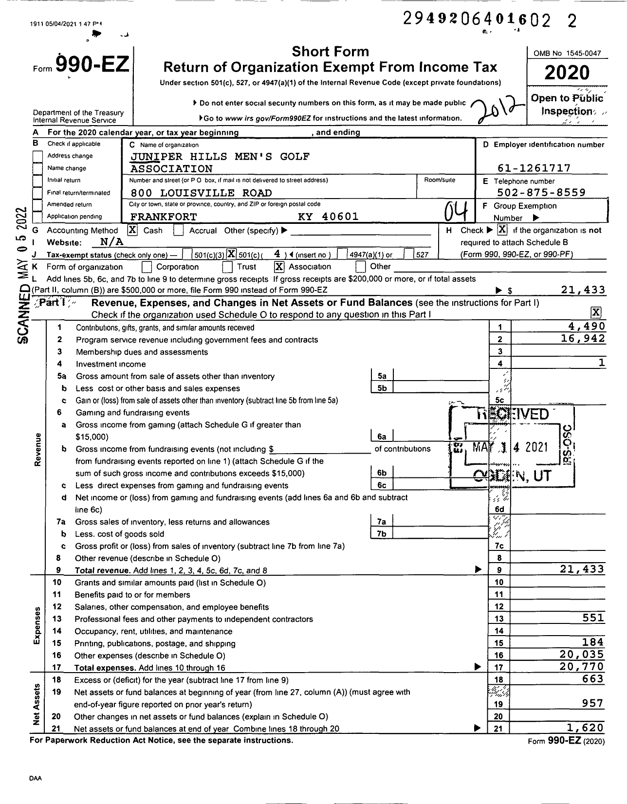 Image of first page of 2020 Form 990EO for Juniper Hills Men's Golf Association