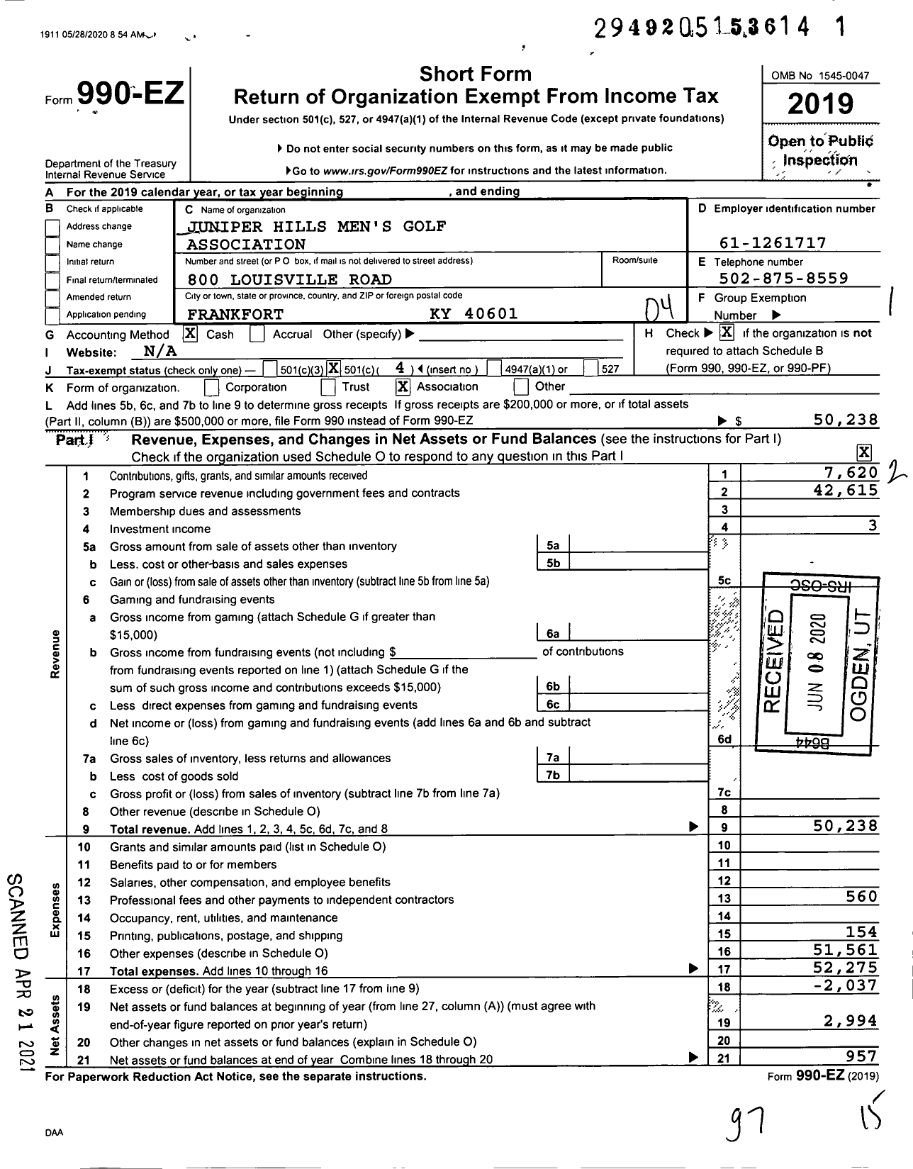 Image of first page of 2019 Form 990EO for Juniper Hills Men's Golf Association