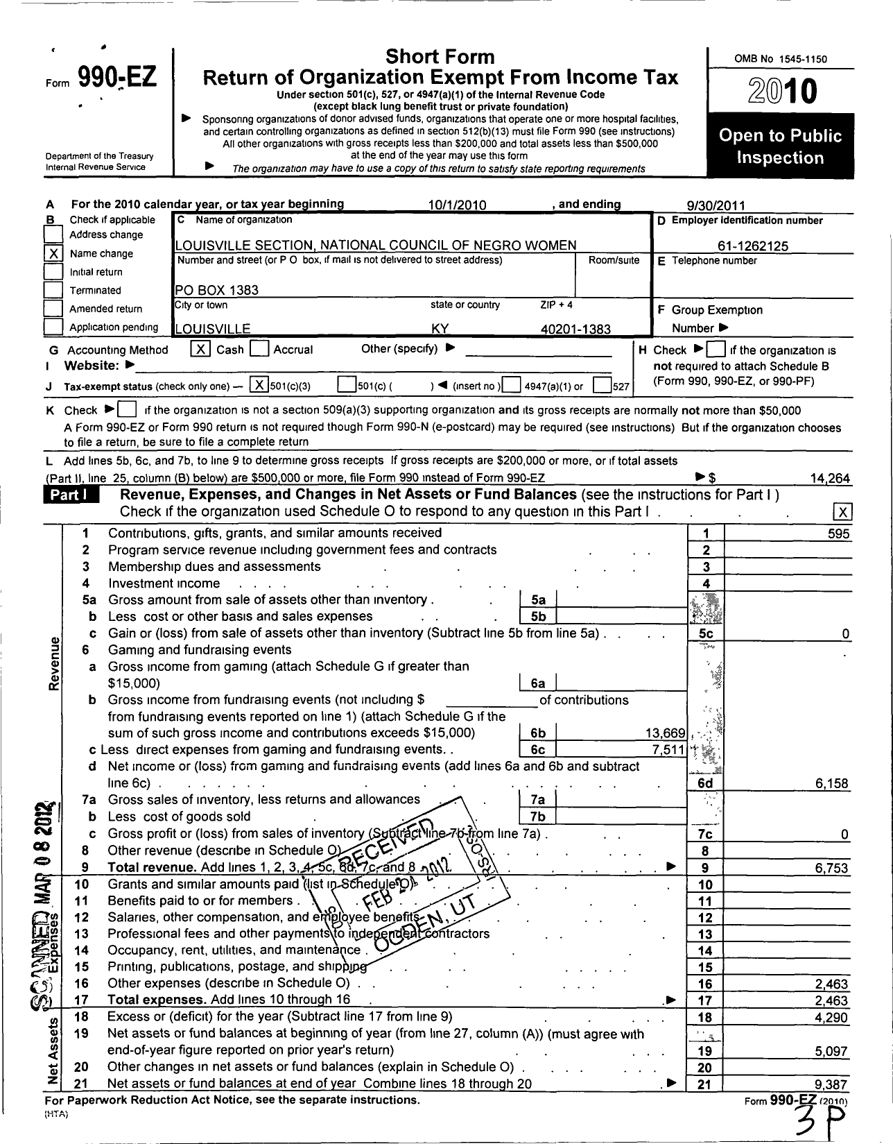 Image of first page of 2010 Form 990EZ for National Council of Negro Women / Ky001 Louisville Section