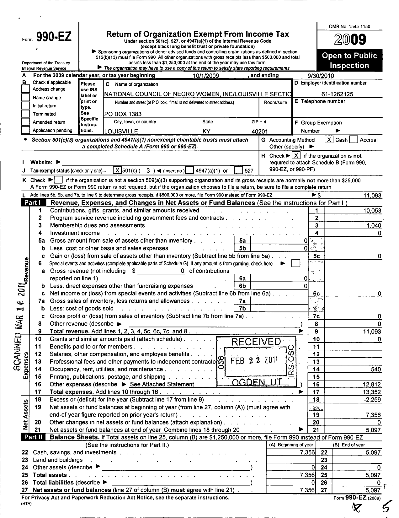 Image of first page of 2009 Form 990EZ for National Council of Negro Women / Ky001 Louisville Section