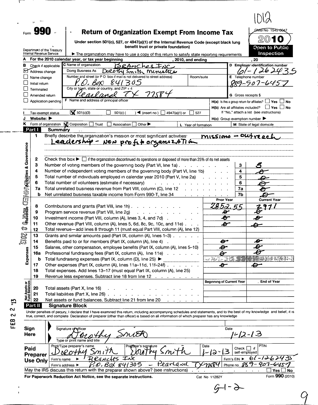 Image of first page of 2010 Form 990 for Branches Incorporation