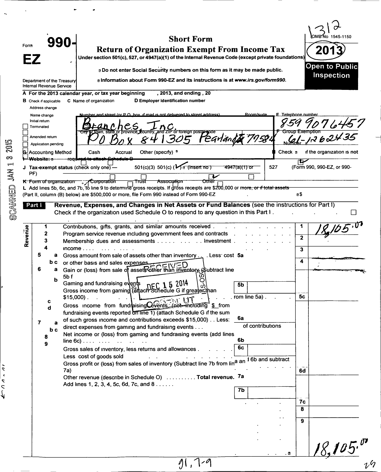 Image of first page of 2013 Form 990EO for Branches Incorporation