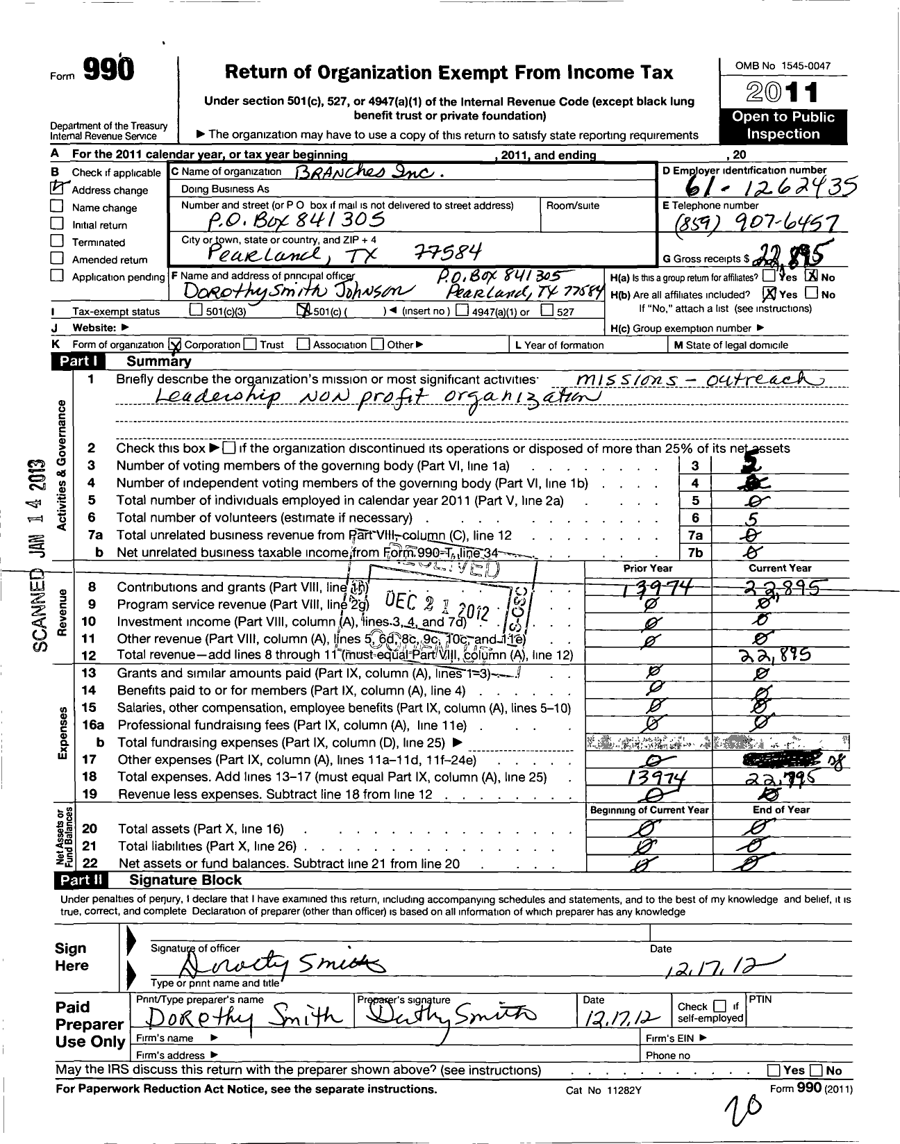 Image of first page of 2011 Form 990O for Branches Incorporation