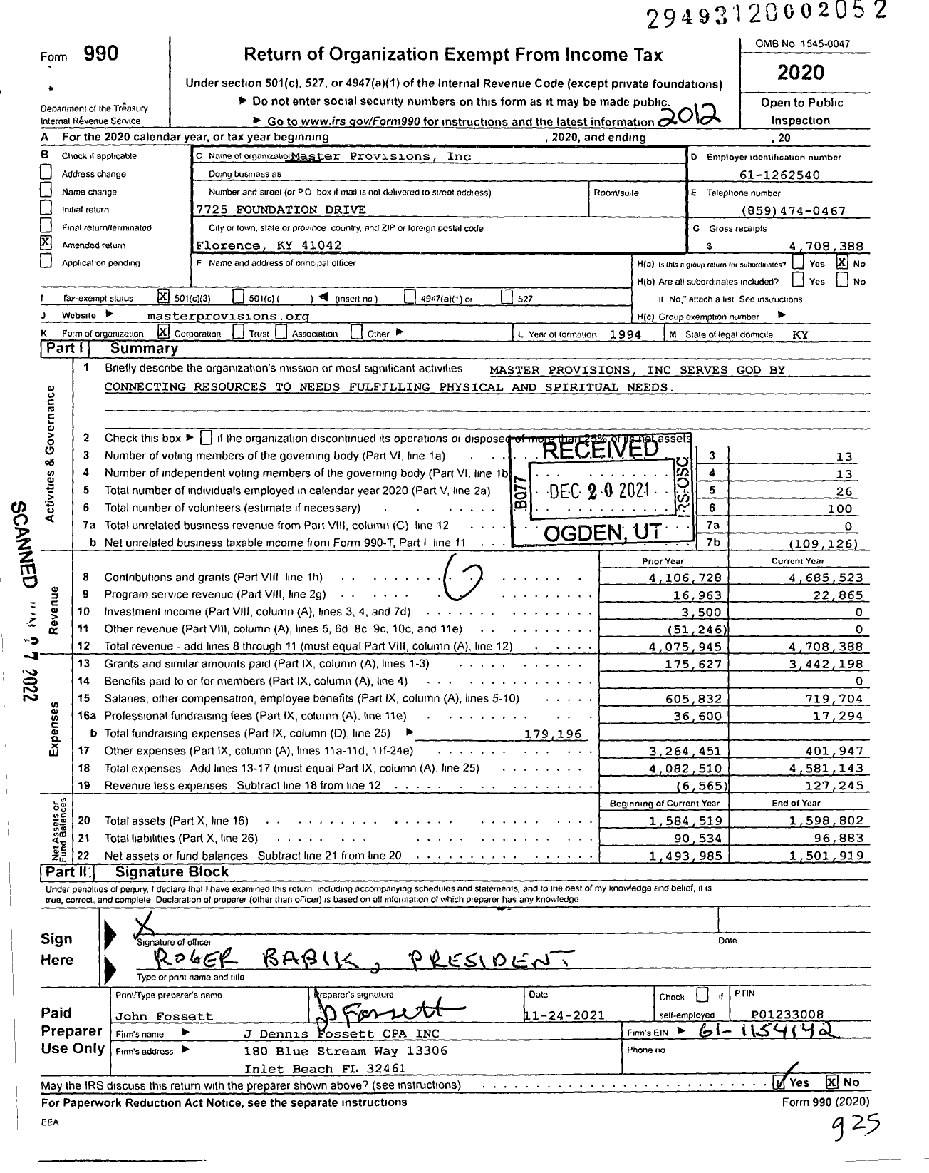 Image of first page of 2020 Form 990 for Master Provisions