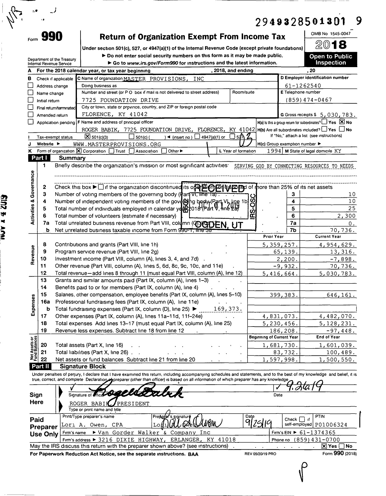 Image of first page of 2018 Form 990 for Master Provisions