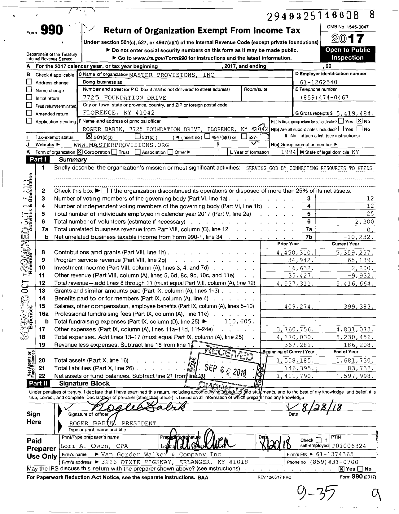 Image of first page of 2017 Form 990 for Master Provisions