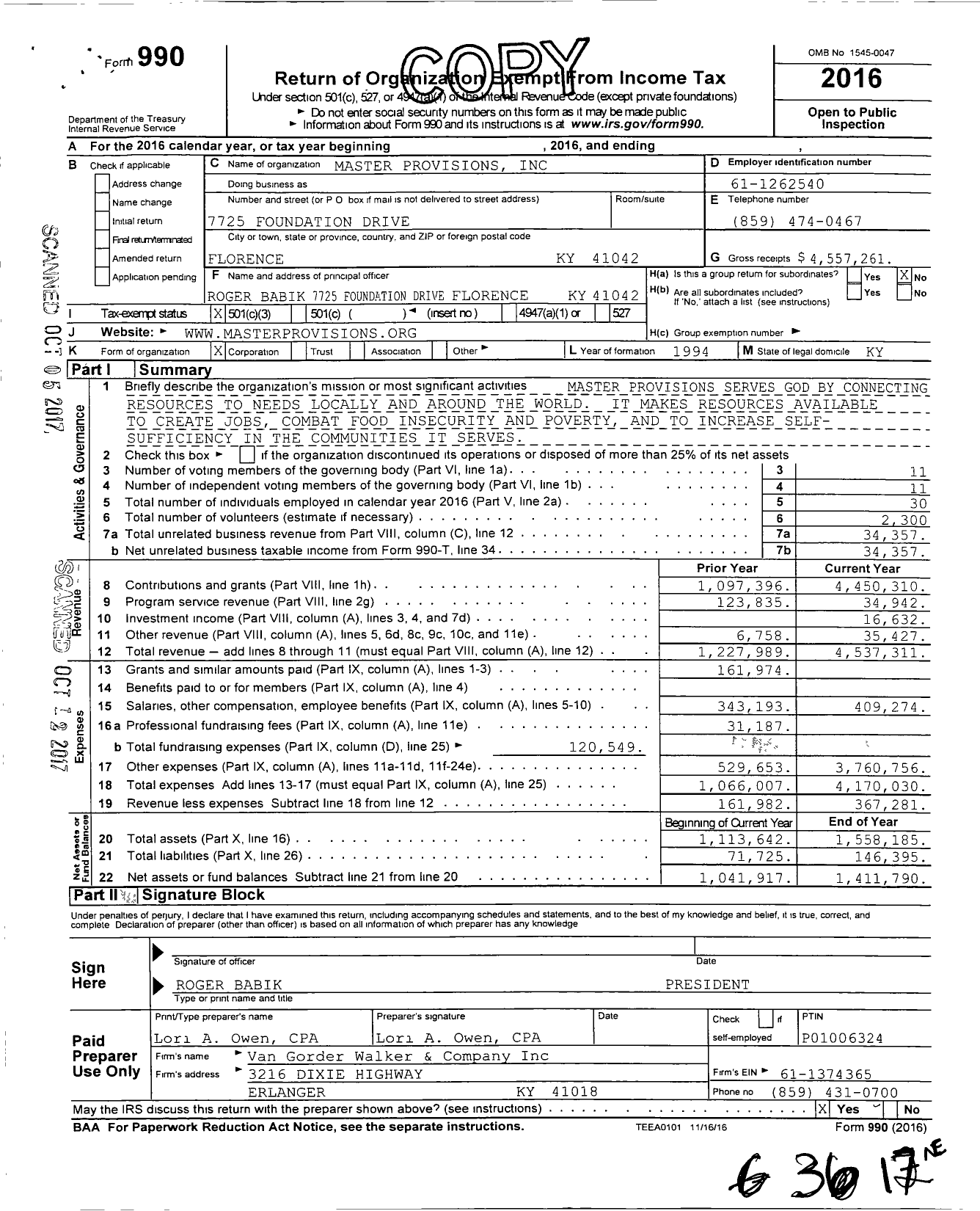 Image of first page of 2016 Form 990 for Master Provisions