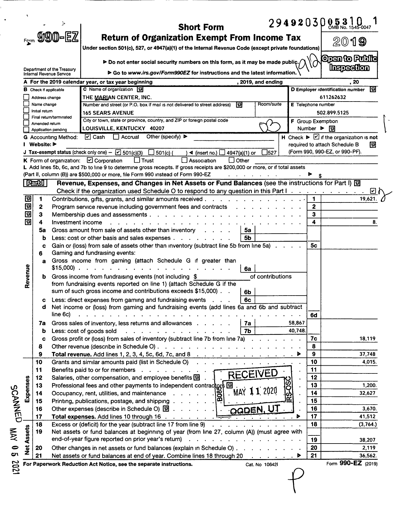 Image of first page of 2019 Form 990EZ for Marian Center